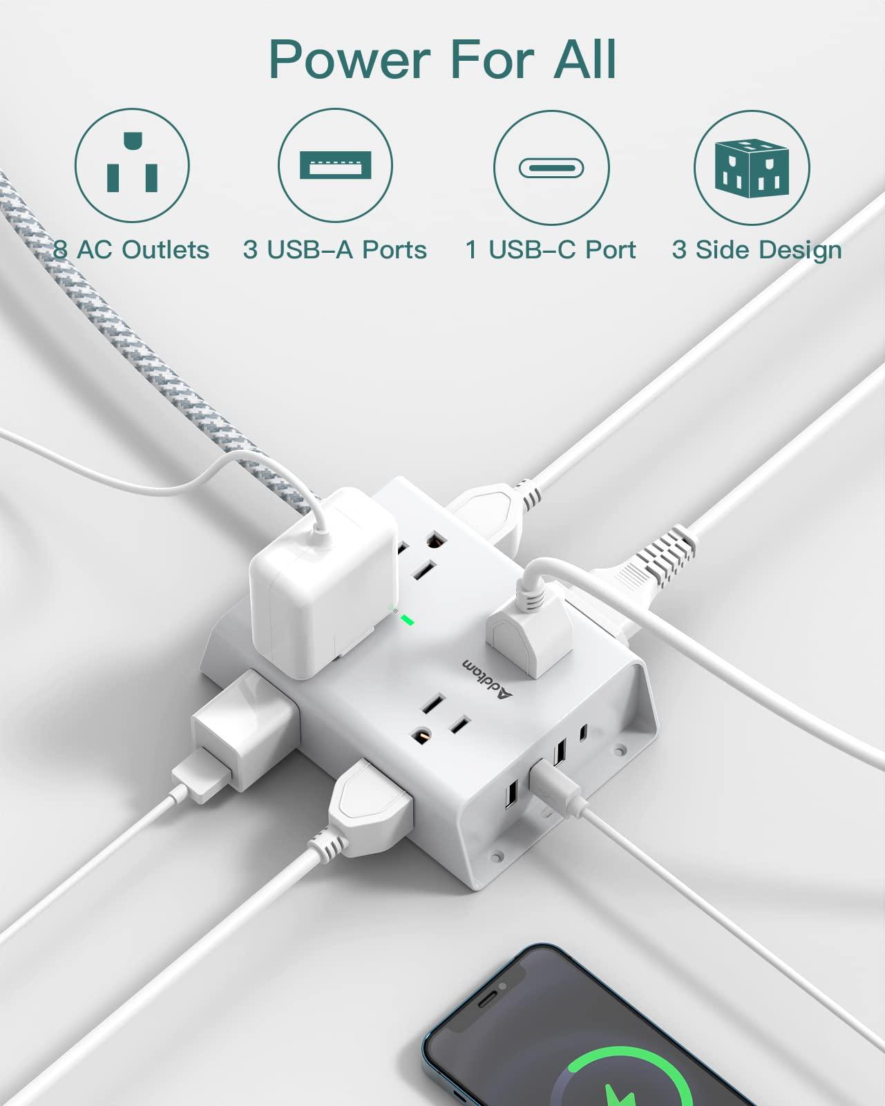 Surge Protector Power Strip - 8 Widely Outlets with 4 USB Ports(1 USB C Outlet), Addtam 3-Side Outlet Extender Strip with 5Ft Extension Cord, Flat Plug, Wall Mount for Dorm Home Office, ETL Listed - Image 2