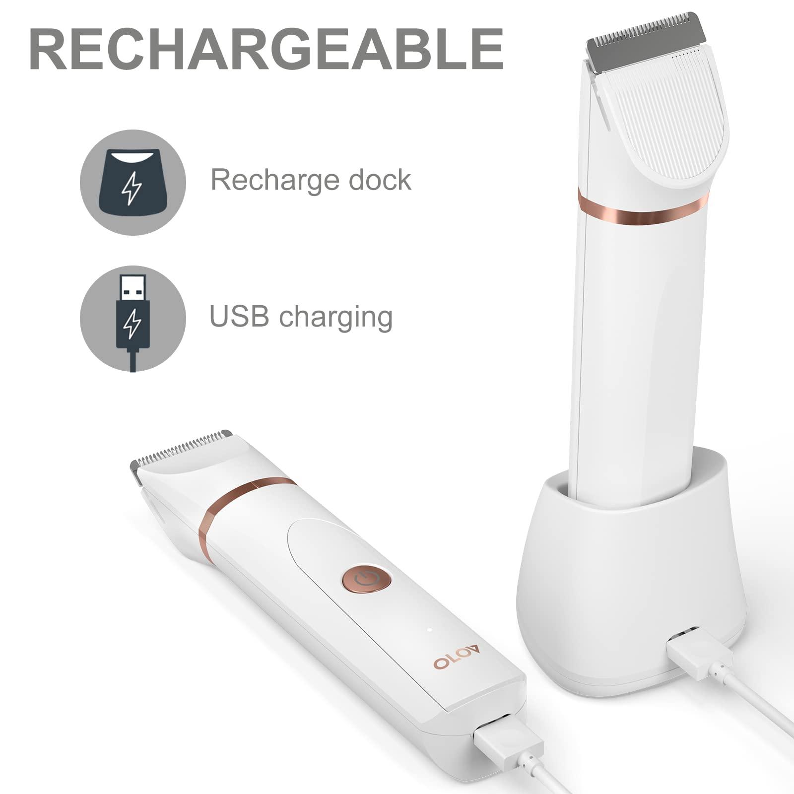 OLOV Electric Body Hair Trimmer - Groin Trimmer for Men - Bikini Trimmer Women - Wet/Dry Shaver Groomer, Replaceable Ceramic Blade Heads, USB Recharge Dock, Waterproof Hygiene Razor, White - Image 5
