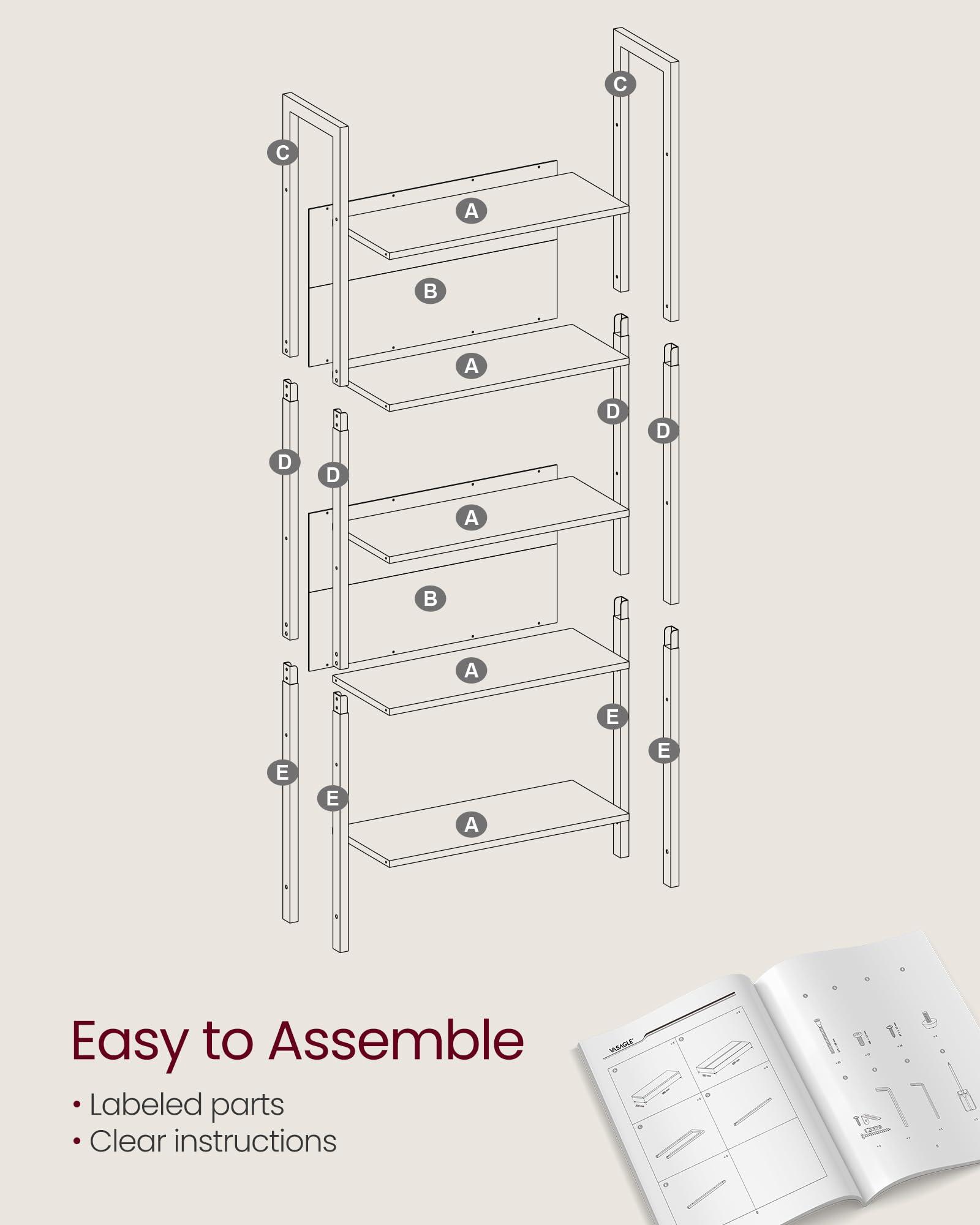 VASAGLE 5-Tier Bookshelf, Book Shelf, Industrial Bookcase, with Steel Frame, for Living Room, Home Office, Bedroom, 9.4 x 24.4 x 65 Inches, Camel Brown and Black ULLS025B50 - Image 8