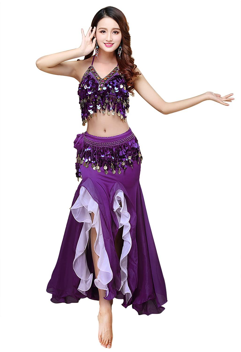 ORIDOOR Women's Belly Dance Dress Belly Crop Top Bra Top and Belt Chiffon Dancing Split Skirt Costume 3-Piece Outfit - Image 5