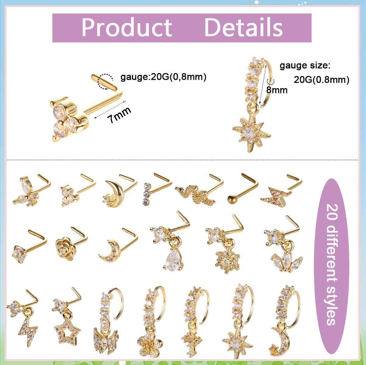 SAMOCO 20Pcs 20G Dangle Nose Ring L Shaped Dangling Nose Stud for Women Stainless Steel Nose Ring Studs CZ Flower Dangle Nose Rings Hoops Nose Piercing Jewelry - Image 3