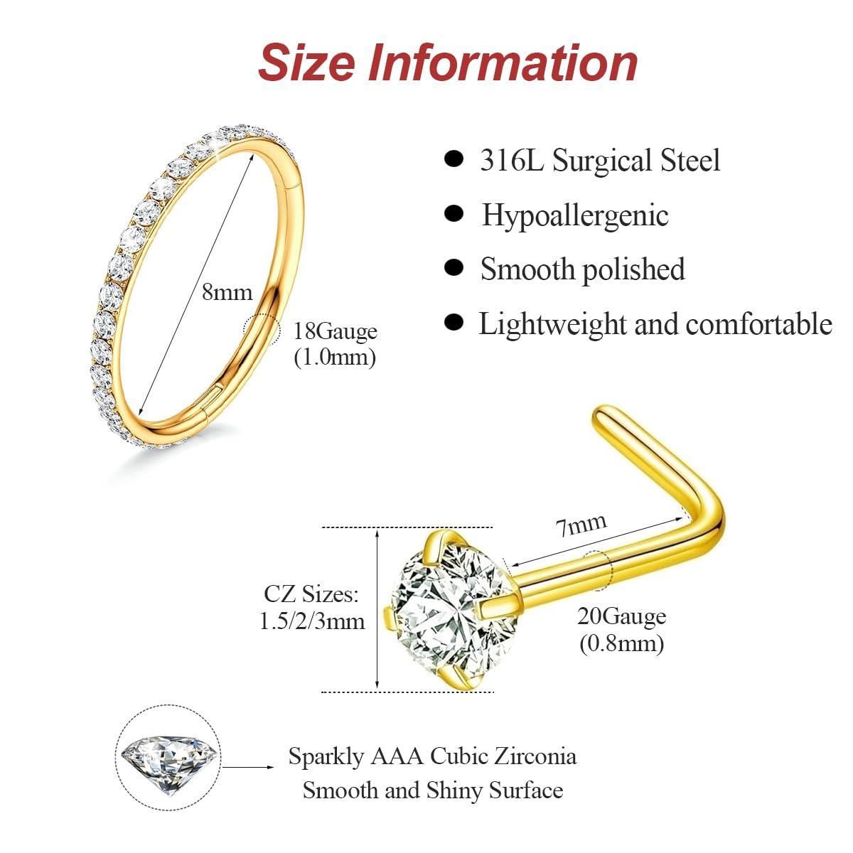 18G/16G Nose Rings Hoop and 20g Nose Studs Sets for Women Men, Hypoallergenic 316L Surgical Steel Hinged Clicker Segment CZ Nose Hoops Double Hoop Nose Ring Septum Lip Helix Cartilage Daith Tragus Sleeper Earrings Gold Silver L Shape/Corkscrew Nose Studs Nostril Small Piercing Jewelry, Pack of 4Pcs - Image 2