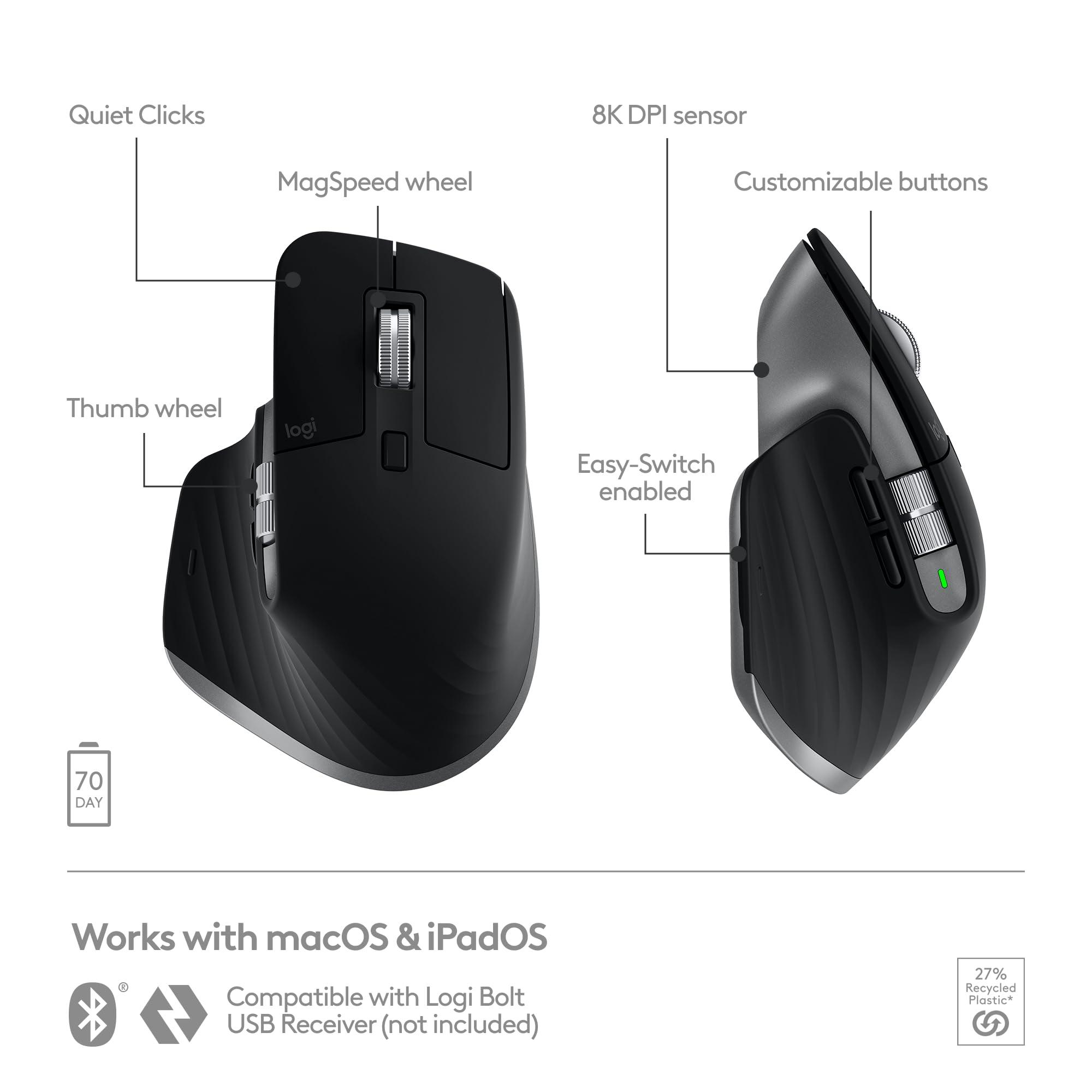 Logitech MX Master 3S for Mac - Wireless Bluetooth Mouse with Ultra-Fast Scrolling, Ergo, 8K DPI, Quiet Clicks, Track on Glass, Customization, USB-C, Apple, iPad - Space Grey - Image 6
