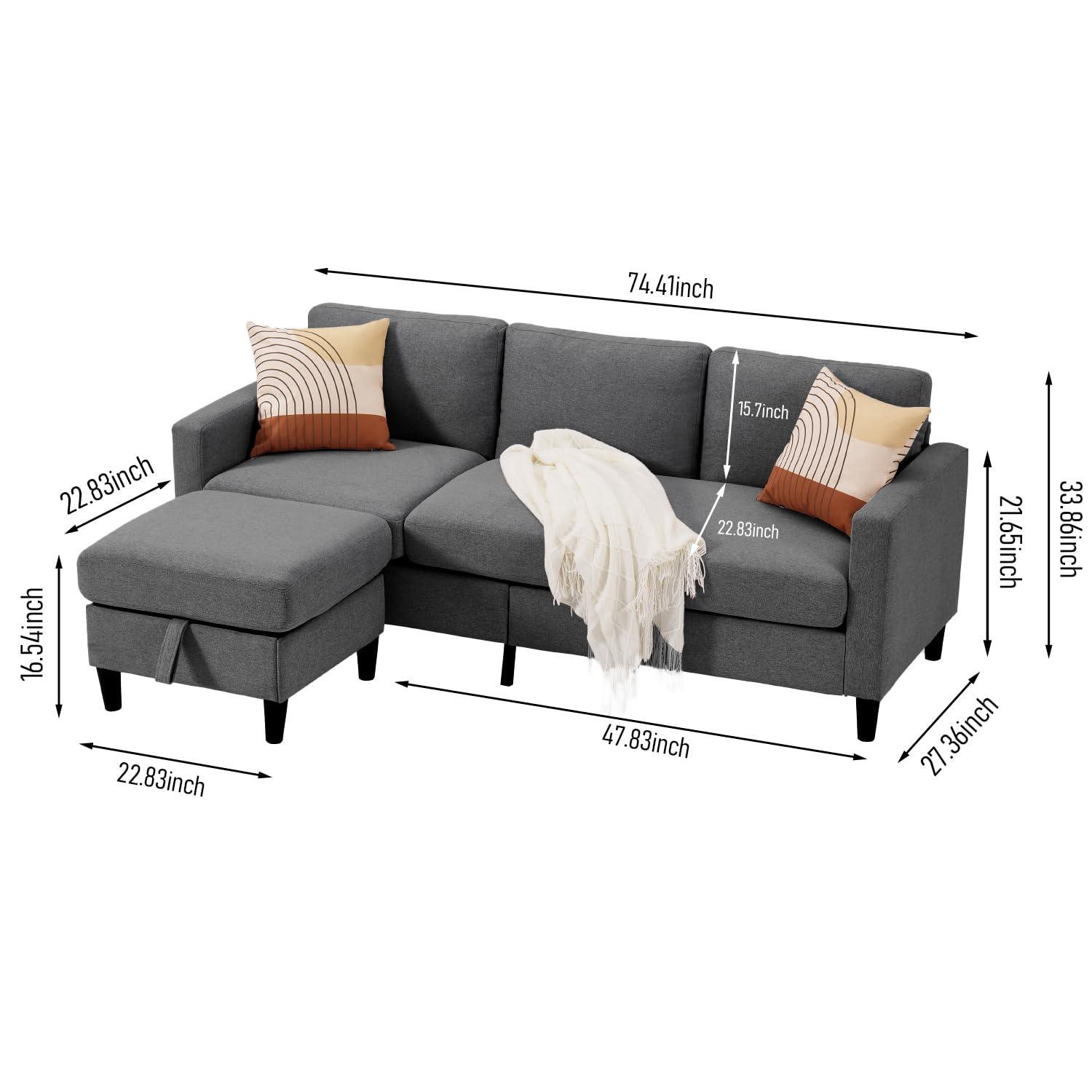 EDWINENE Small Sectional Couch, 3 Seater Small l Shaped Couch with Storage, 74 inch Pet Friendly Sofa for Living Room (Dark Gray) - Image 2