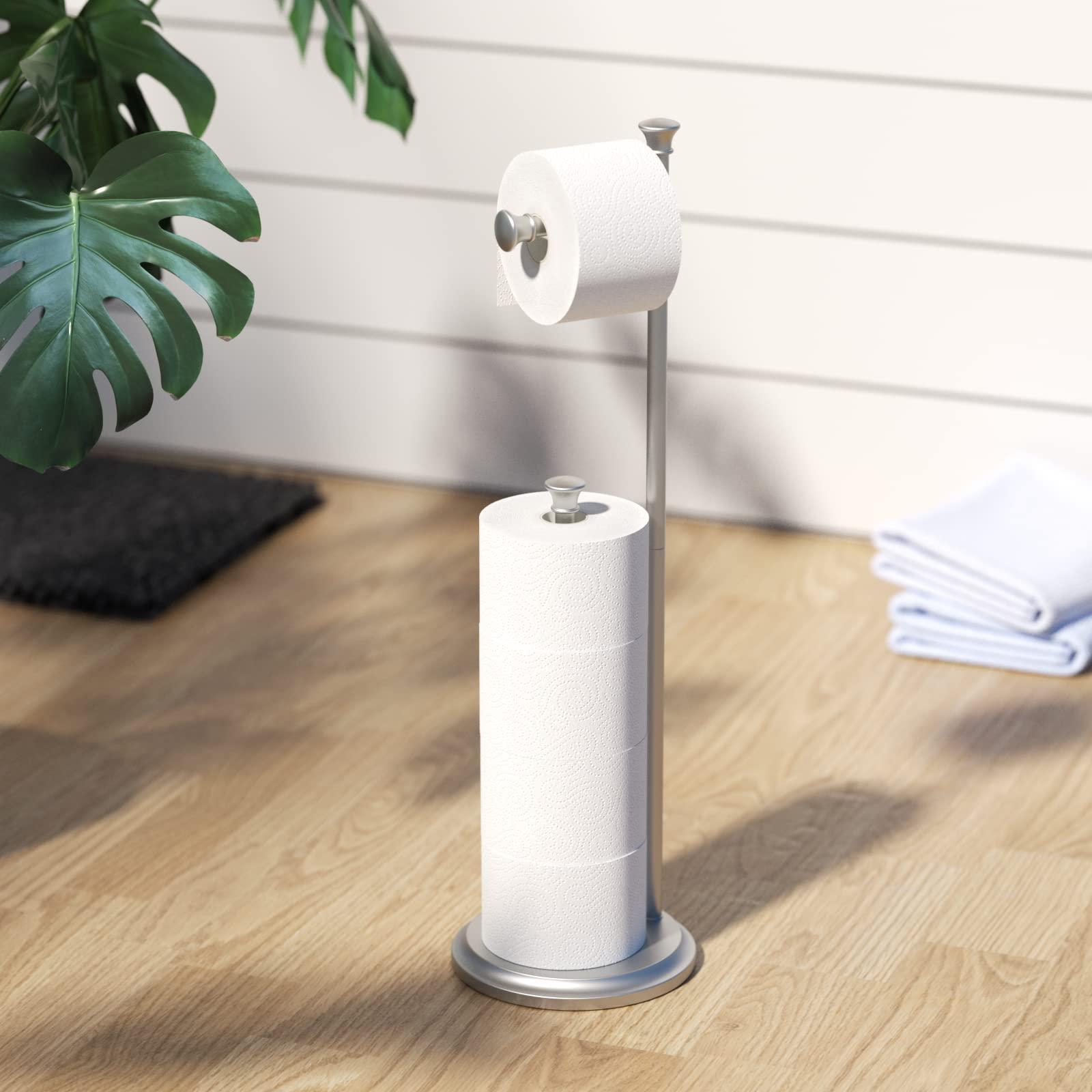 Free Standing Toilet Paper Holder Stand Brushed Nickel Toilet Roll Stand Bathroom Tissue Rack with Storage Reserves 5 Mega Rolls - Image 2