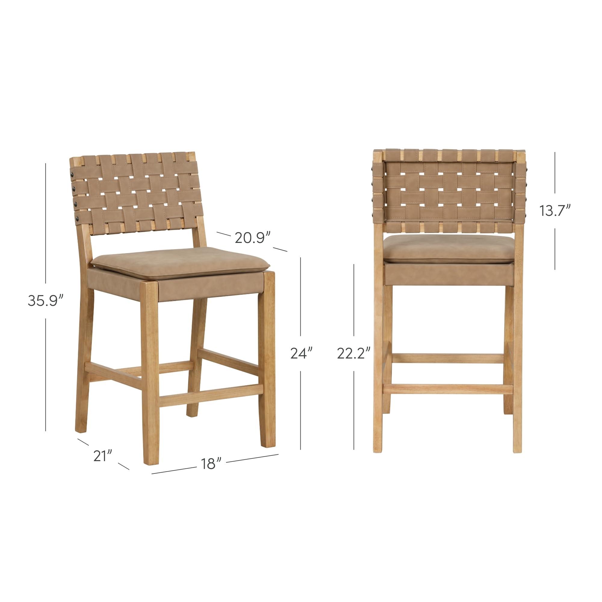 Nathan James Cohen Mid-Century Modern Leather Bar Stool, Counter Height Chair in Solid Wood Frame with Footrest and Woven Leather Back for Kitchen, Natural Brown, 1 count, Barstool - 24" - Image 2