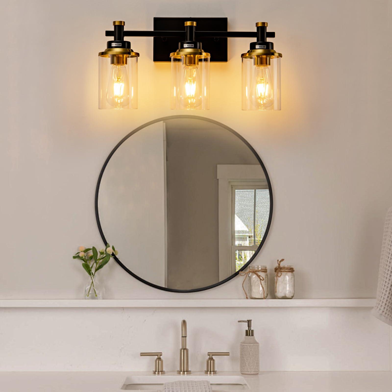 Aixialin 3 Light Bathroom Light Fixtures, Black and Brushed Gold Vanity Light Fixture Over Mirror, Modern Wall Sconces Lighting Wall Lamp for Bathroom, Bedroom, Hallway with Clear Glass Shade - Image 6