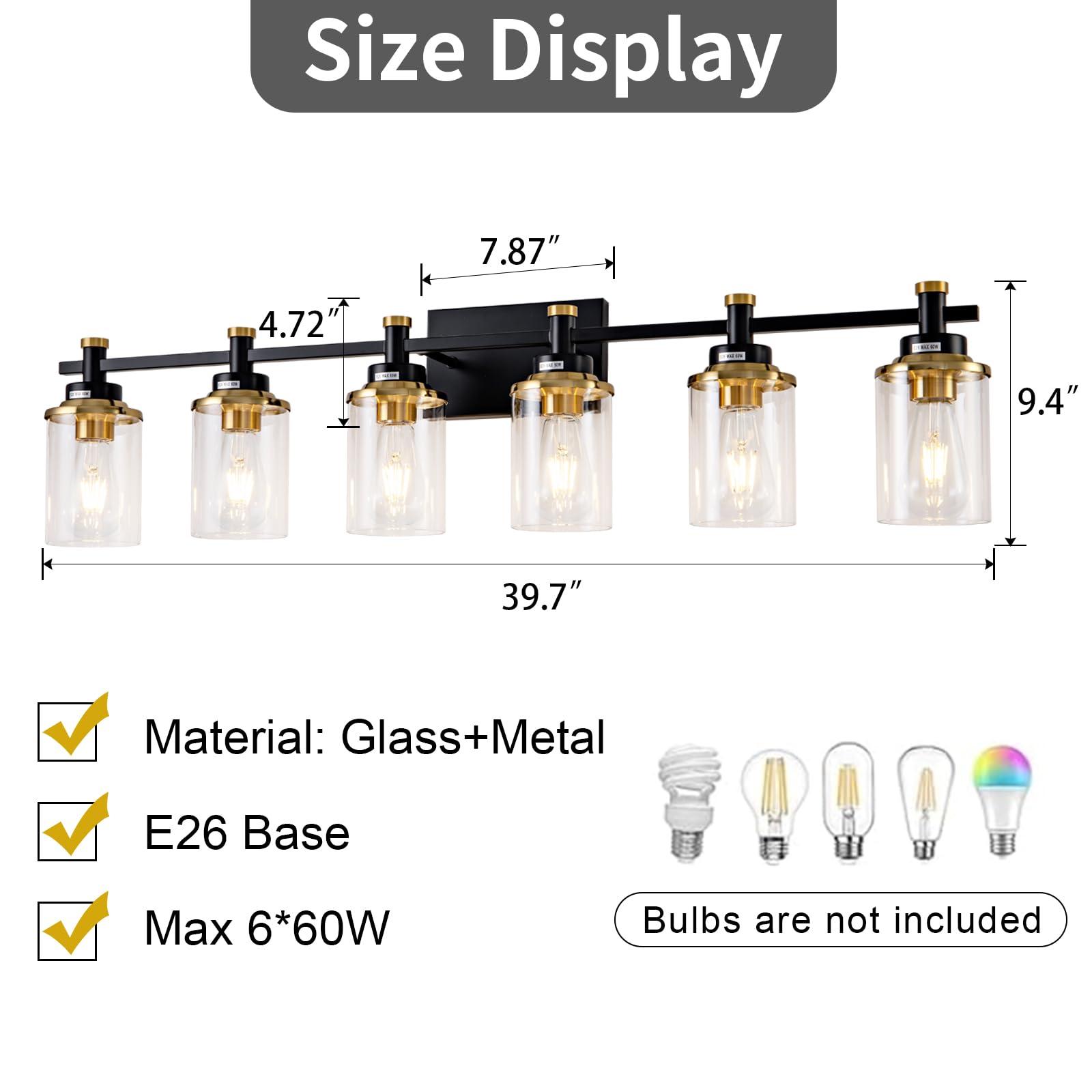 Aixialin 6 Bathroom Vanity Lights, Black and Gold Bathroom Light Fixtures, Sconces Wall Lighting with Clear Glass Shade, Modern Brushed Gold Vanity Lighting Fixtures for Bathroom, Bedroom, Hallway - Image 5
