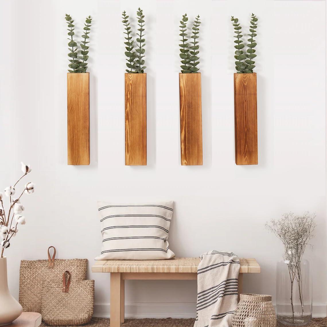 Mokof 4-Pack Wood Wall Planters with 8 Removable Faux Eucalyptus Stems - Modern Farmhouse Wall Decor for Living Room, Bedroom, Bathroom - Wooden Wall Vases and Fake Eucalyptus for Home Office Decor - Image 2