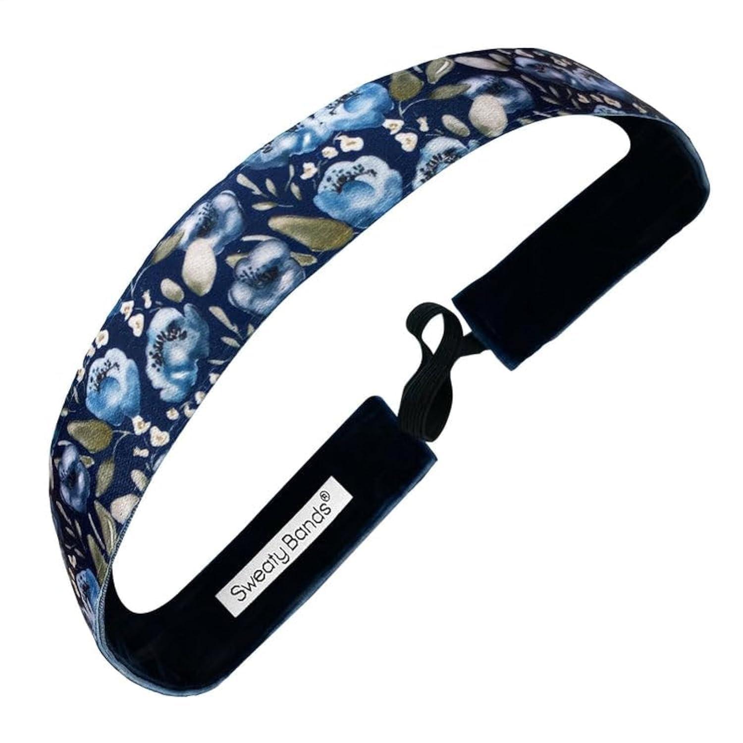 Sweaty Bands Womens Girls Headband for an Active Fitness Lifestyle - Sweat-Wicking Non-Slip Velvet-Lined Stylish Floral Fitness Hairband - No Rain No Flowers Blue 1-Inch