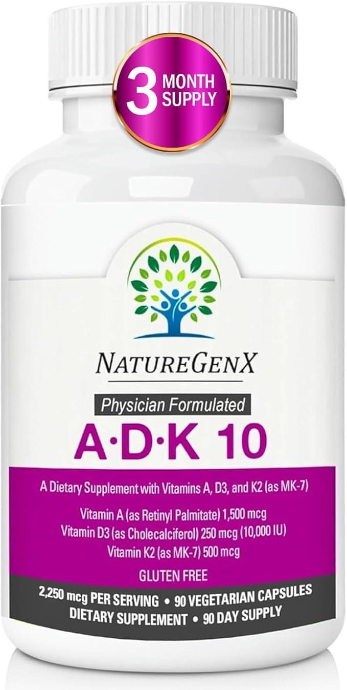 NatureGenX ADK 10 Supplement - Potent A, K2 & D3 Vitamin Supplement 10000 IU for Bone, Heart & Immune Support - 90 Count Easy-to-Swallow Vitamin ADK Supplement Capsules (3 Month Supply)