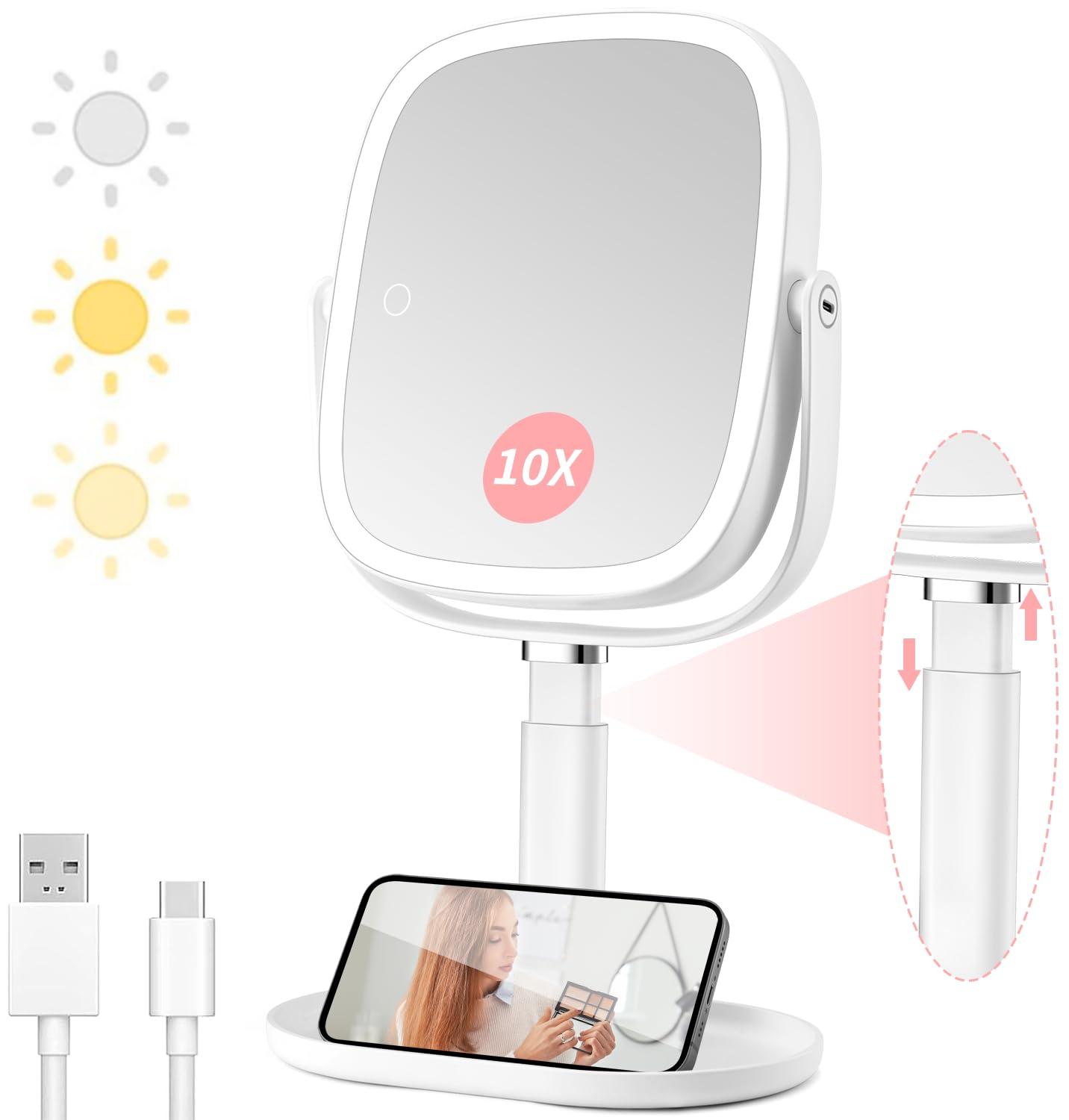 Lighted Makeup Mirror, 2600mAh Rechargeable 1x/10x Magnifying Vanity Mirror, 8.5" Height Adjustable Makeup Mirror with Lights 3 Color, 360° Rotation 2-Sided Light up Large Desk Mirror, Gifts for Women