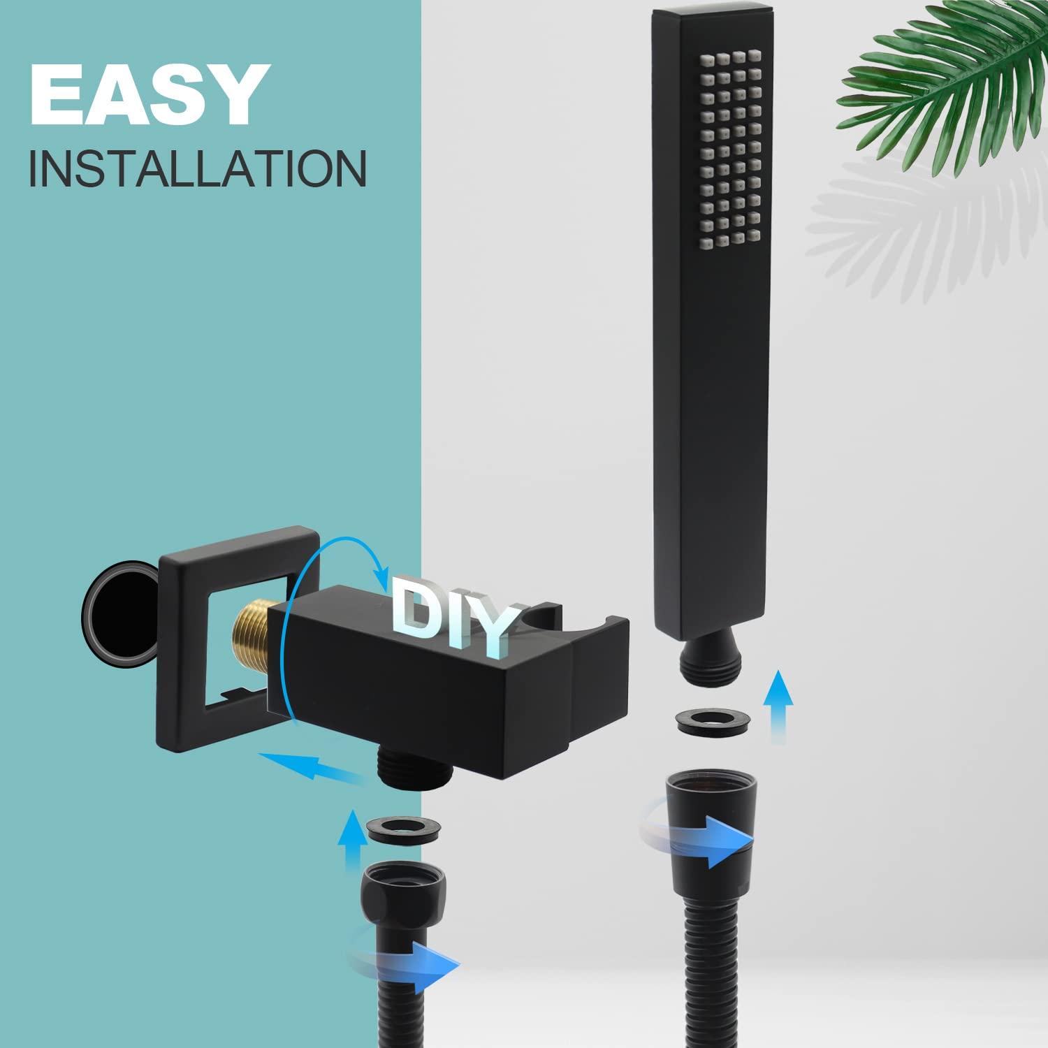 ENGA Bathroom Square Matte Black Solid Brass Hand Held Shower Head With Wall Connector and Hose System Wall Mount Handheld Showerheads Set - Image 8