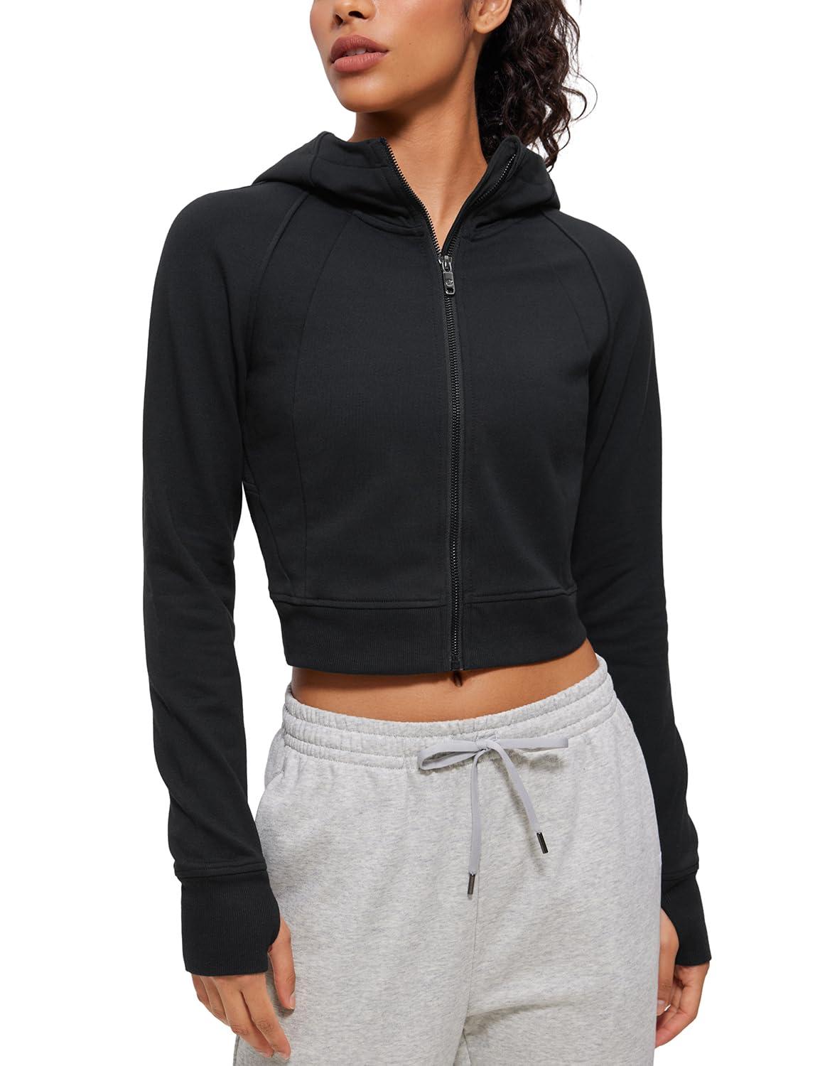 CRZ YOGA Womens Fleece Zip Up Cropped Hoodie Workout Jacket Athletic Casual Long Sleeve Sweatshirts with Thumb Holes