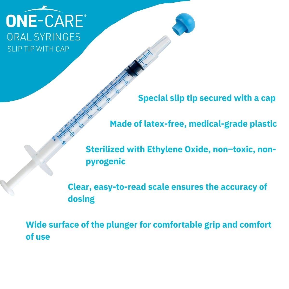 ONE-CARE 1ml Oral Syringe with Cap - Sterile, Individually Wrapped - 100 Dispensers, Slip Tip, Uses include oral administration of medicine for infants, adults and animals - Image 3