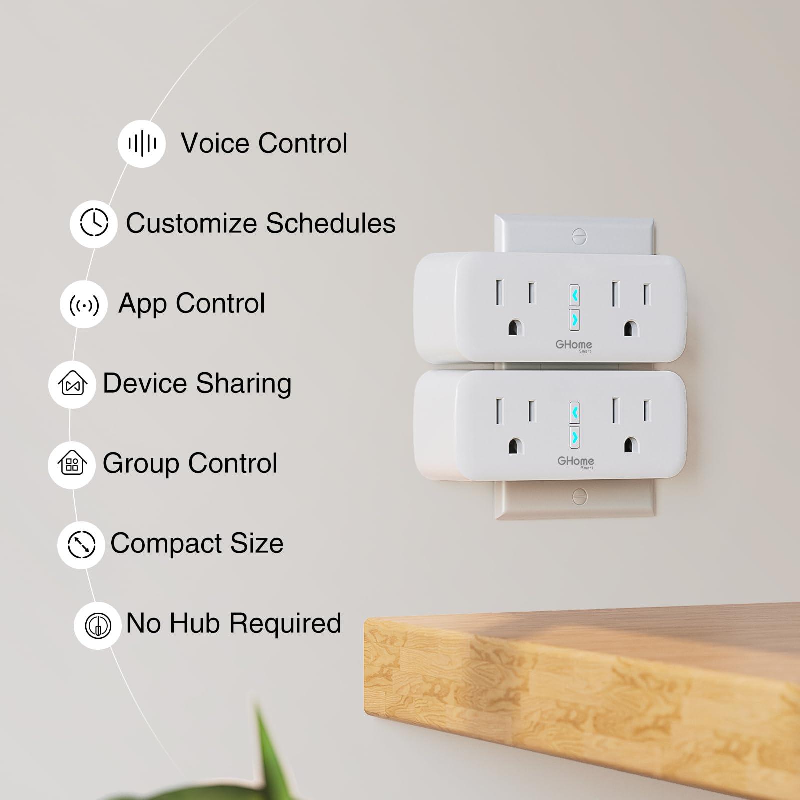 GHome Smart Plug Outlet Extender 15A, WiFi Smart Plugs Compatible with Alexa and Google Home, Smart Surge Protector Outlet with Remote Control and Timer, Dual Sockets, No Hub Required, White, 2 Pack - Image 2