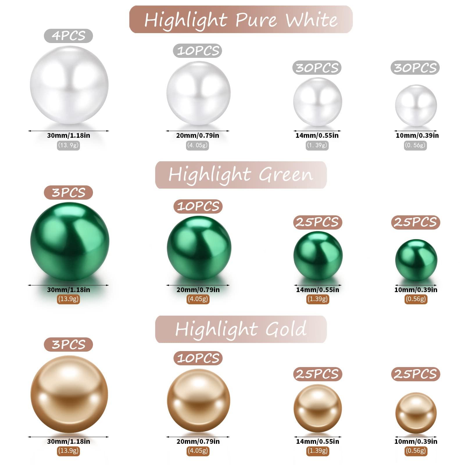 Jadive 200 Pieces Pearl Beads for Vase Filler Centerpieces, No Holes Pearl Makeup Beads for Wedding Holiday Party Home Brushes Holder Decor, 10/14/20/30 mm(Gold, Green, White) - Image 3
