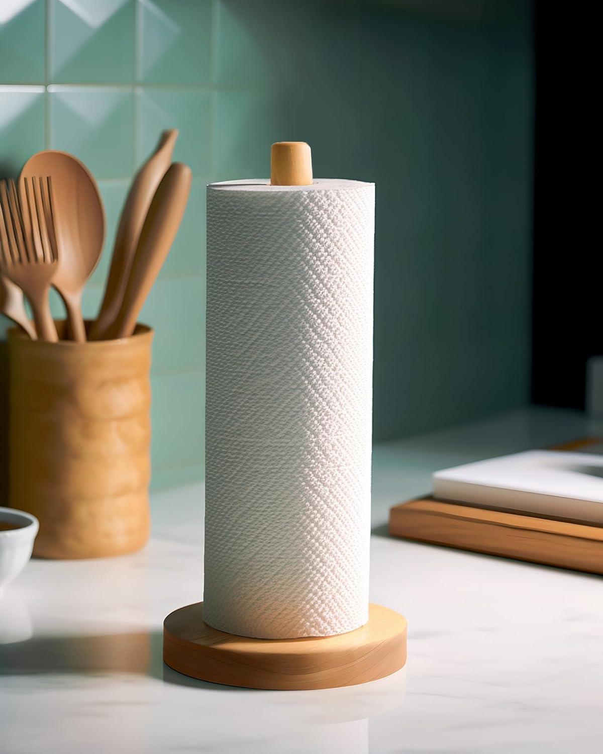CHAUNCEY HOME Wooden Paper Towel Holder Stand - Kitchen Paper Hanger Rack Bathroom Towel Roll Stand Organizer Simply Standing Countertop Paper Roll Holder, WPTH, Large
