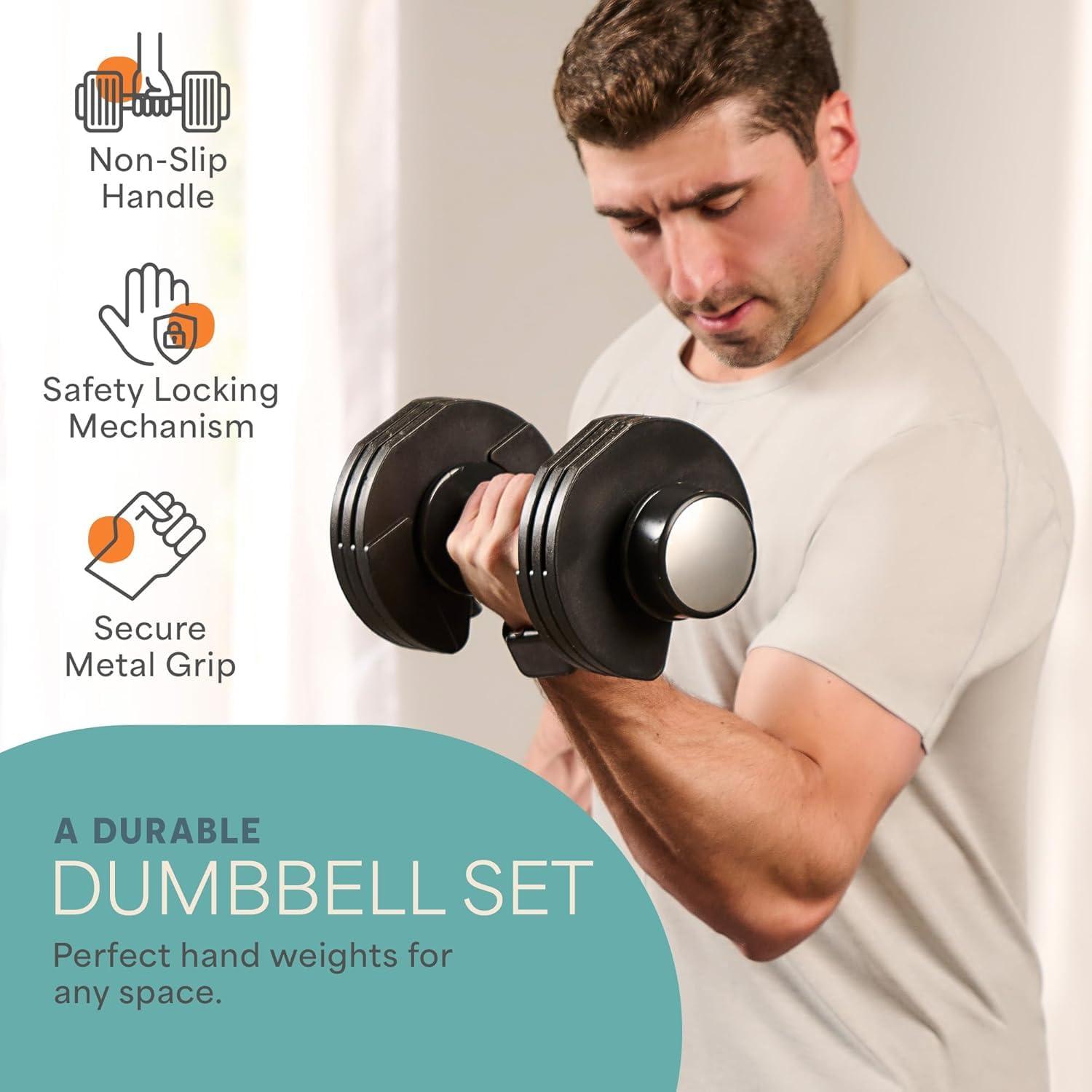 Lifepro Adjustable Dumbbells Set - 5in1-15lb 25lb 43lb 55lb weights Set & Single with Rack - Quick Adjust, Secure Grip - Compact Hand Weights for Men Women Home Gym - Image 5