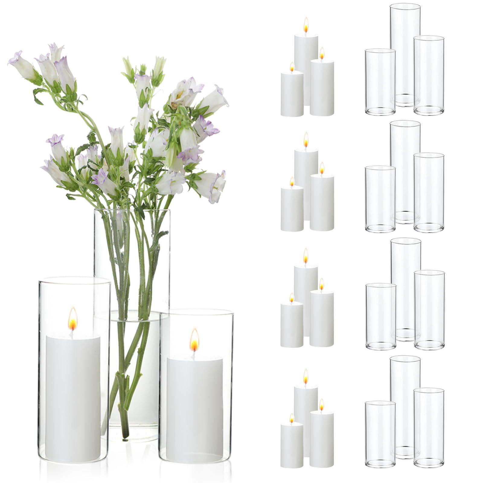 UDU Set of 12 White Pillar Candles and 12 Glass Cylinder Vases Hurricane Holders, Slim Pillar Candle Holder, Cylinder Vases for Centerpieces Wedding Table Party Home Decor(2.6" X 4.7", 5.9", 7.9")