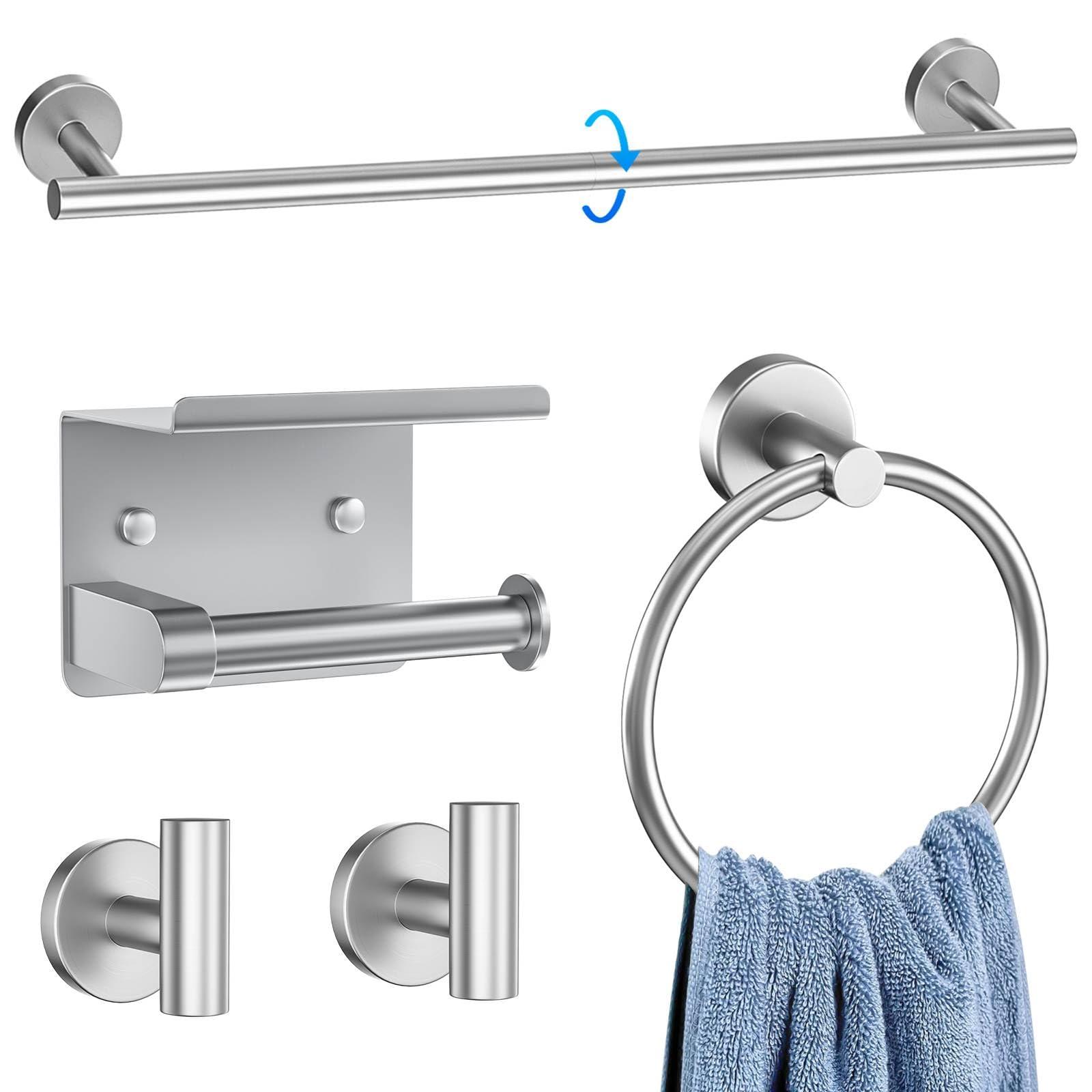 5-Piece Brushed Nickel Towel Bar Set Bathroom Hardware Set Includes Multi-Purpose Toilet Paper Holder 23.6in Towel Bar Towel Ring Towel Hooks Stainless Steel Wall-Mounted Bathroom Accessories