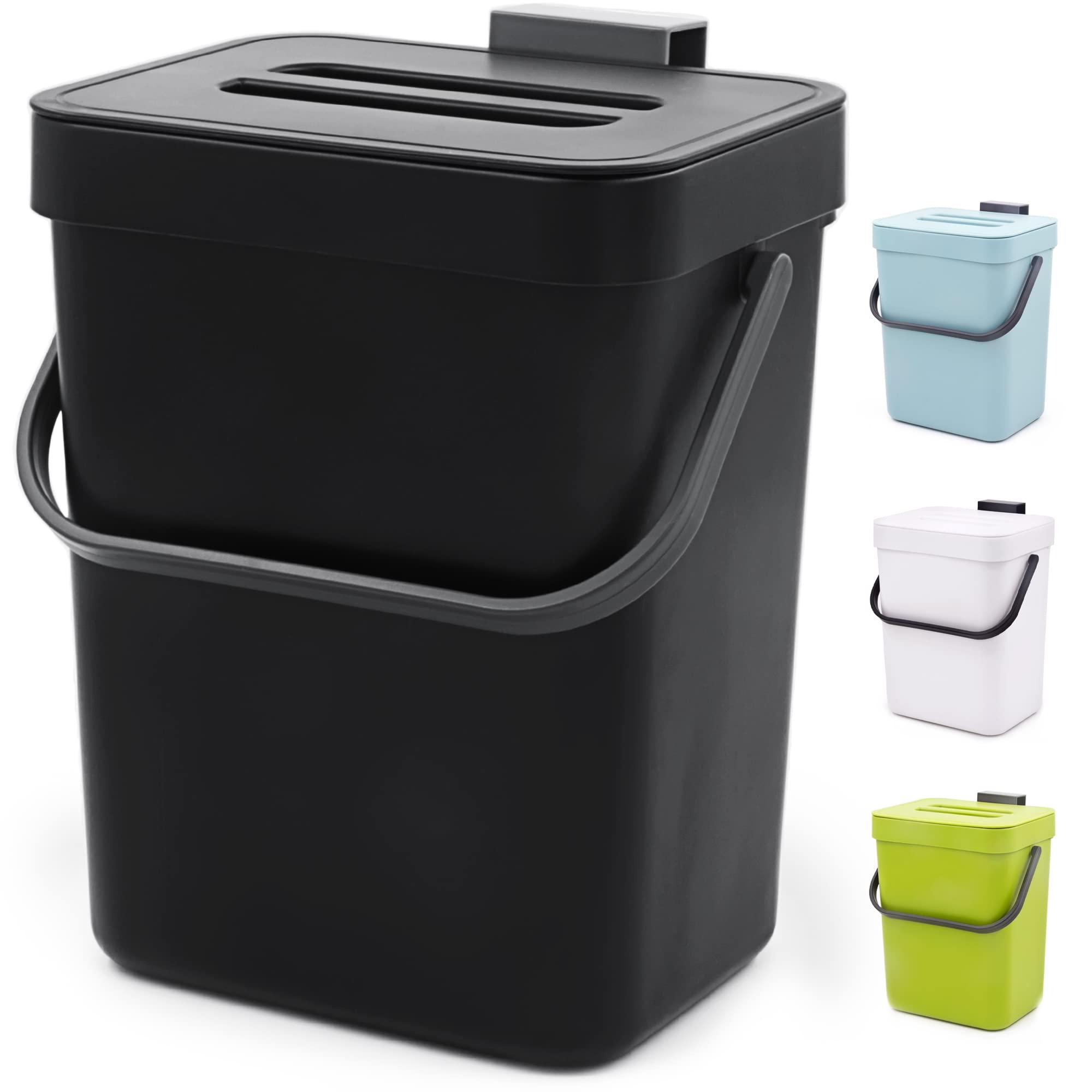 MONGTINGLU Countertop Compost Bin - 1.3 Gallons Hanging Small Trash Can with Lid for Kitchen Bathroom, Under Sink Kitchen Trash Can, Indoor Counter Compost Bucket with Lid, 5L(Black)