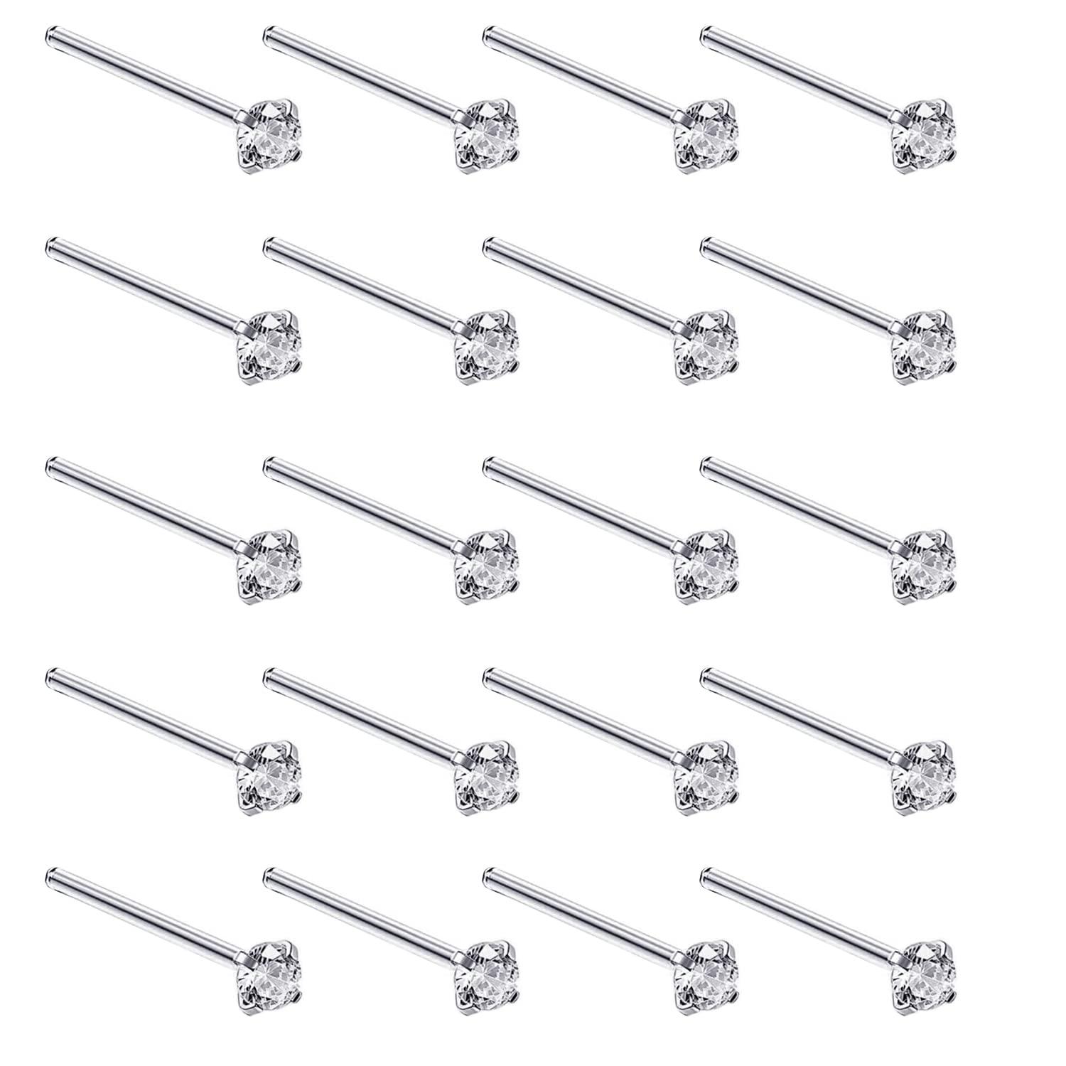 Silver Set of 20 Round Clear Simulated Diamond Nose Stud Box 1.5 mm Straight