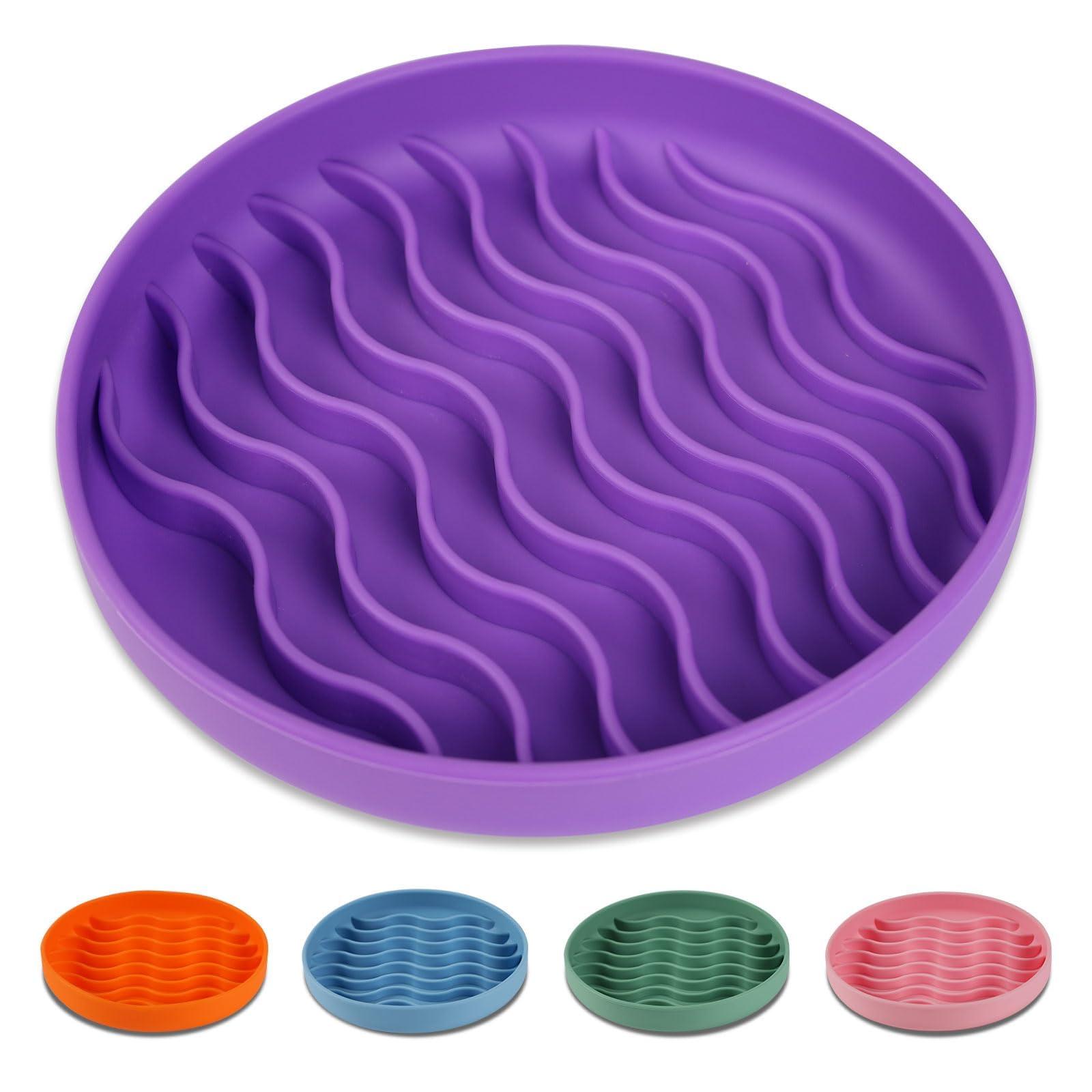 PJDH Slow Feeder Dog Bowls, Silicone Food Bowl Anti-Gulping, Pets Puppy Slow Feeder with Suction Cups, Dishwasher Microwave Safe for All Small Medium Dogs, Wave Design Purple