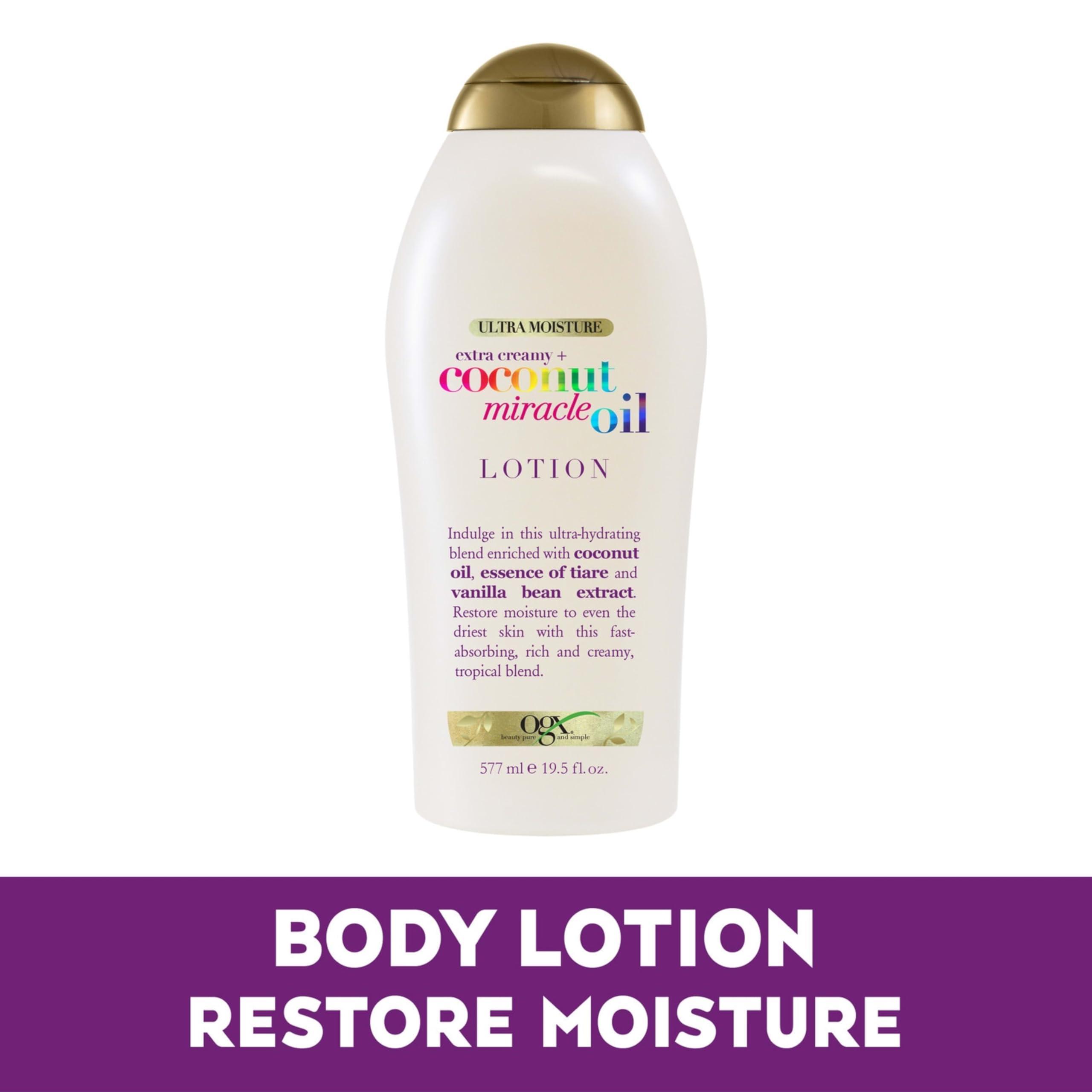 OGX Extra Creamy + Coconut Miracle Oil Ultra Moisture Body Lotion with Vanilla Bean, Fast-Absorbing Body Lotion for All Skin Types, Paraben-Free and Sulfated-Surfactants Free, 19.5 Ounce - Image 2