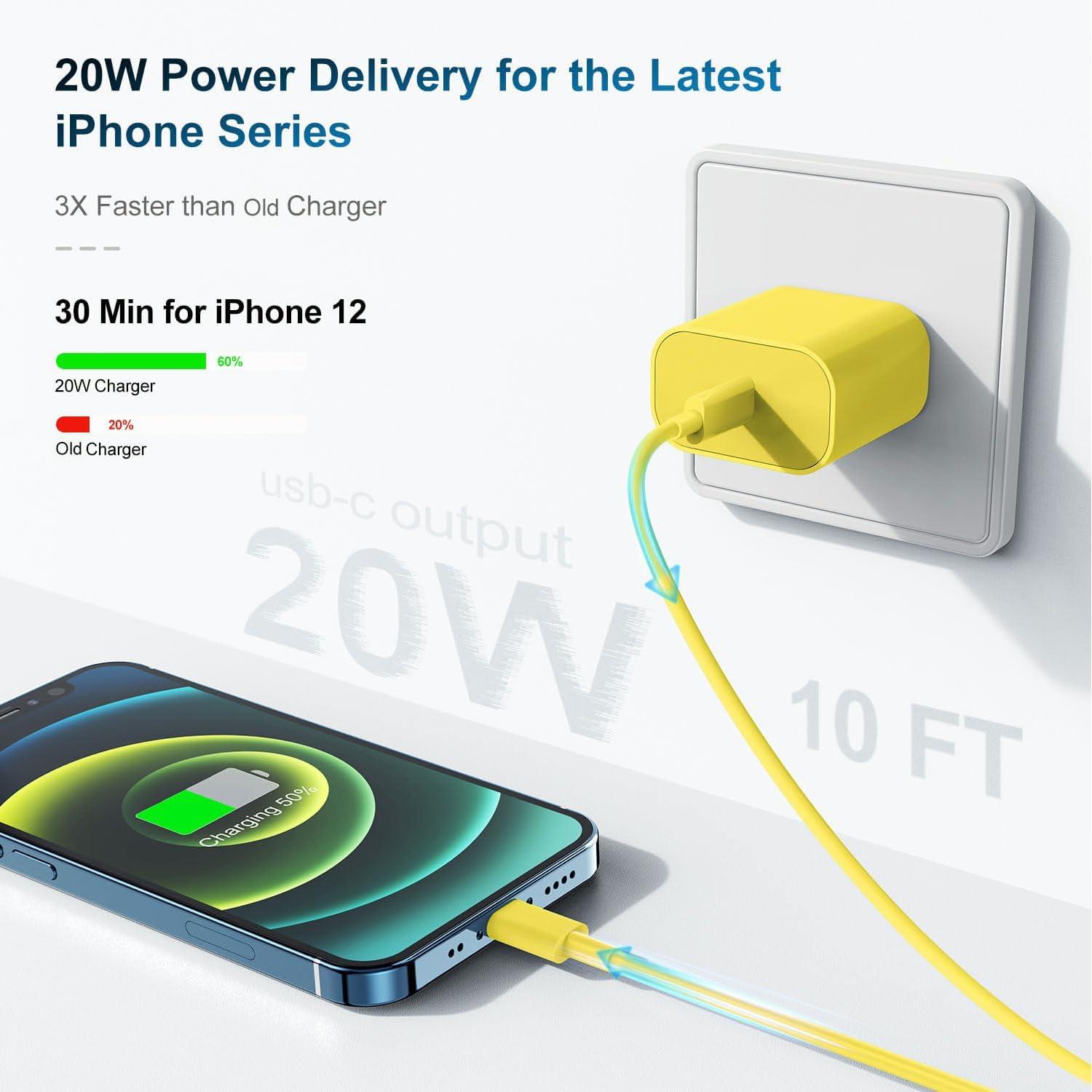 Phone Charger Fast Charging 10 FT, Long USB C to Lighting Cable 10 Foot with 20W USB C Rapid Phone Charger Block, Compatible with iPhone 14 Pro/13Pro Max/12/11Pro/Mini, 2 Pack - Yellow - Image 2
