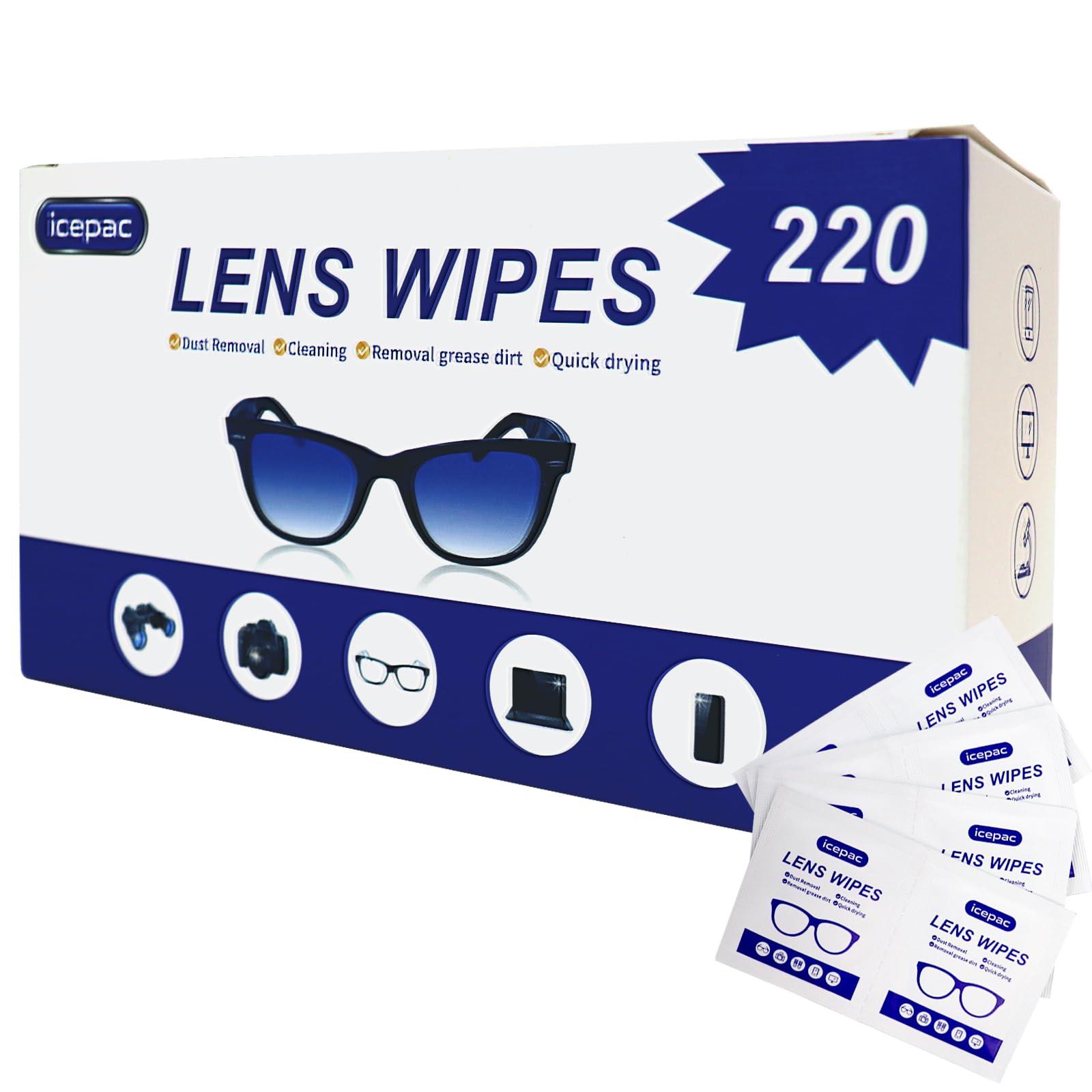 Icepac Lens Wipes for Eyeglasses - 220 Pre-Moistened Individual Wrapped Eye Glasses Cleaning Wipes | Glasses Cleaner Safely Cleans Glasses, Sunglasses, Phone Screen, Electronics & Camera Lens