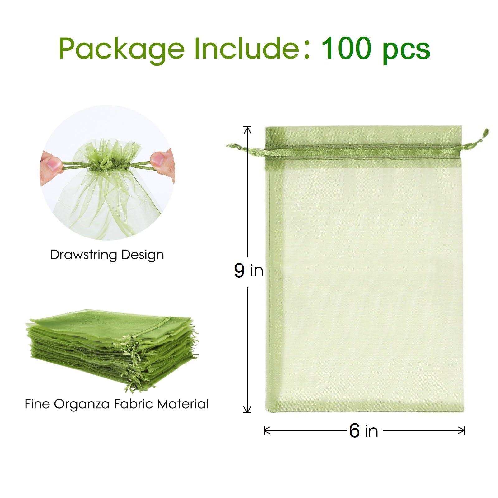Kikhope 100pcs Fruit Protection Bags 6x9 inch, Fruit Netting Cover Bags with Drawstring Mesh Fruit Protectors Pest Barrier for Mangoes Tomatoes Fruit Trees Veggies Garden, Olive Green - Image 2