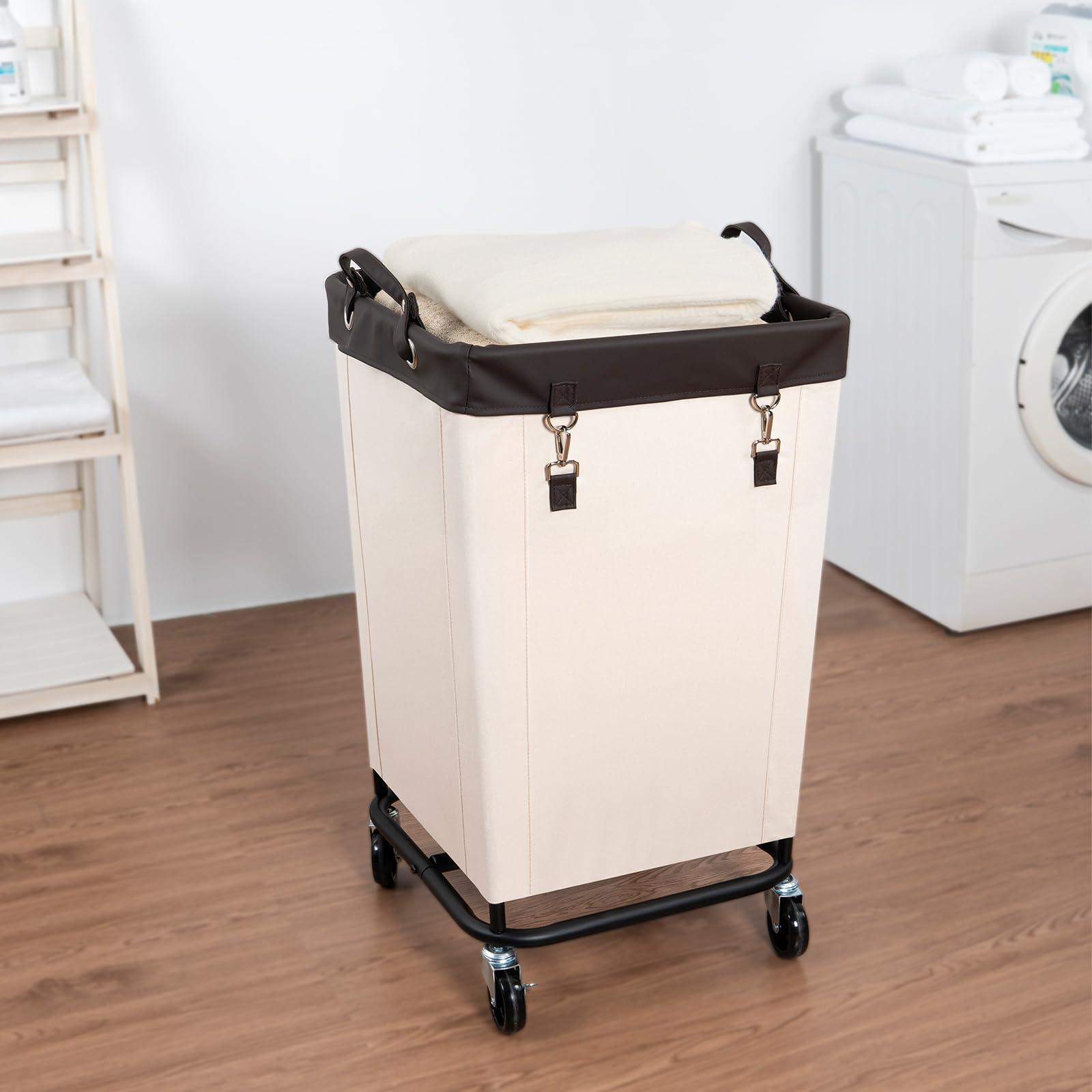 FLYBOX Laundry Hamper with Wheels, 160L Clothes Large Laundry Basket with Steel Frame and Removable Canvas Laundry Bag, Dirty Cloth Hamper for Home, Closet, Dorm, Bathroom, Laundry Room, Beige - Image 2