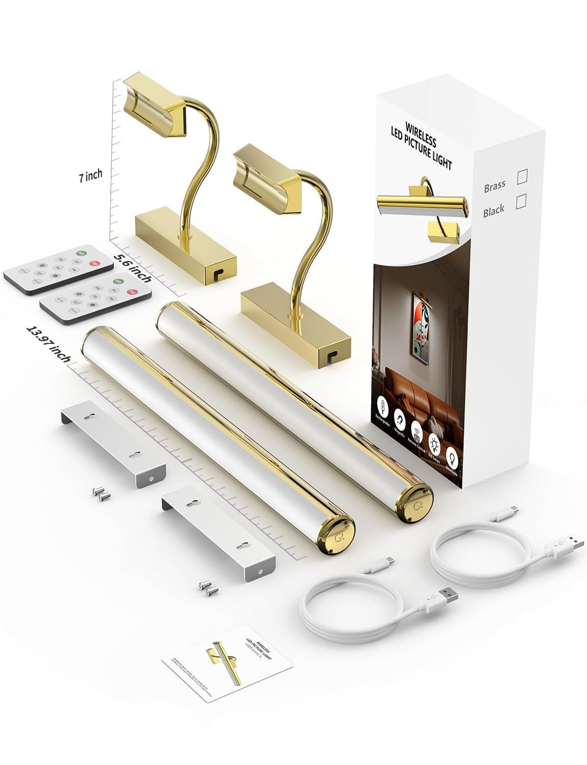 Picture Light Battery Operated, 13in Wireless Art Light for Paintings, Dimmable 5000mAh Recharging Battery Picture Light with Remote Control for Wall, Gallery Dartboard Art Bedroom (Gold-2Pack) - Image 7