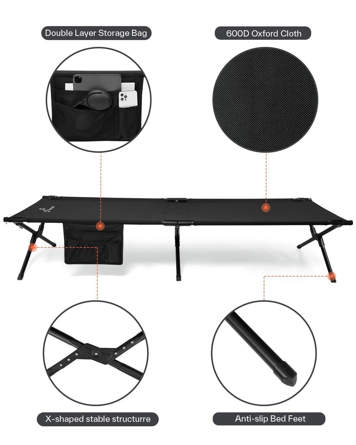 Sportneer Camping Cot: 78.3"x28.7"x14.6" Comfort Cot Bed for Camping Traveling Guest Bed, Sleeping Cots for Adults with Side Pockets & Storage Bag - Ease of Assembly, Support 330 Lbs - Image 5