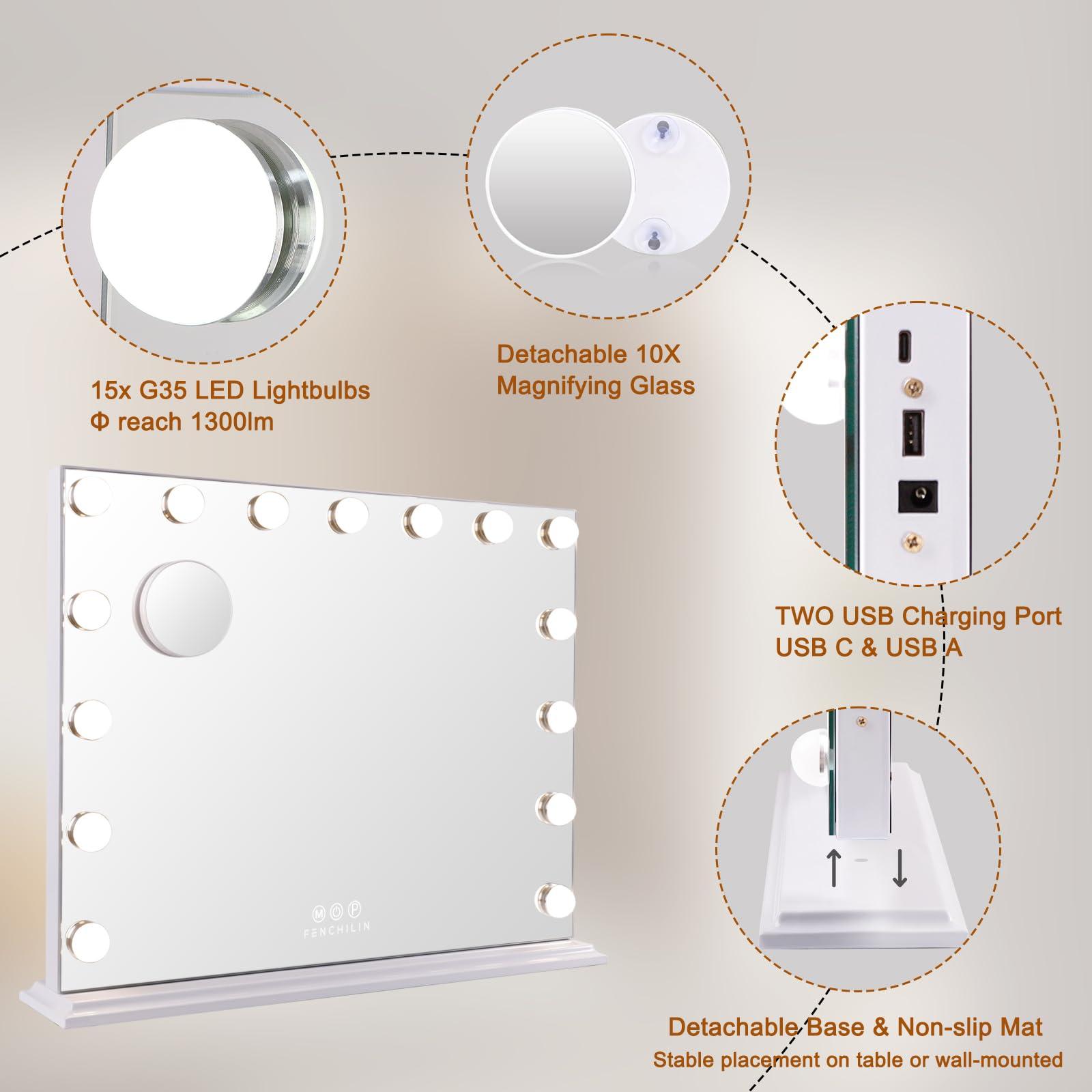 FENCHILIN Vanity Mirror with Lights, Hollywood Lighted Makeup Mirror with 15 Dimmable LED Bulbs for Dressing Room & Bedroom, Slim Metal Frame Design, White - Image 7