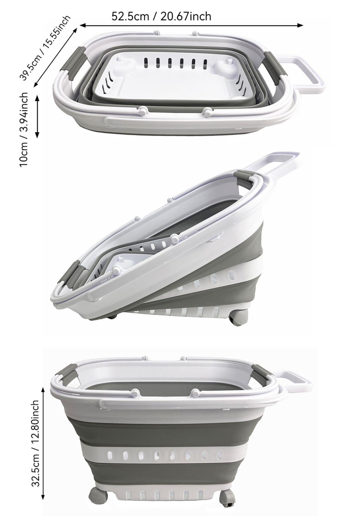 SAMMART 35L (9.24 Gallons) Collapsible Plastic Laundry Basket with Handle and Wheels - Foldable Pop Up Storage Container/Organizer with handle and wheels - Space Saving (1, White/Grey) - Image 3