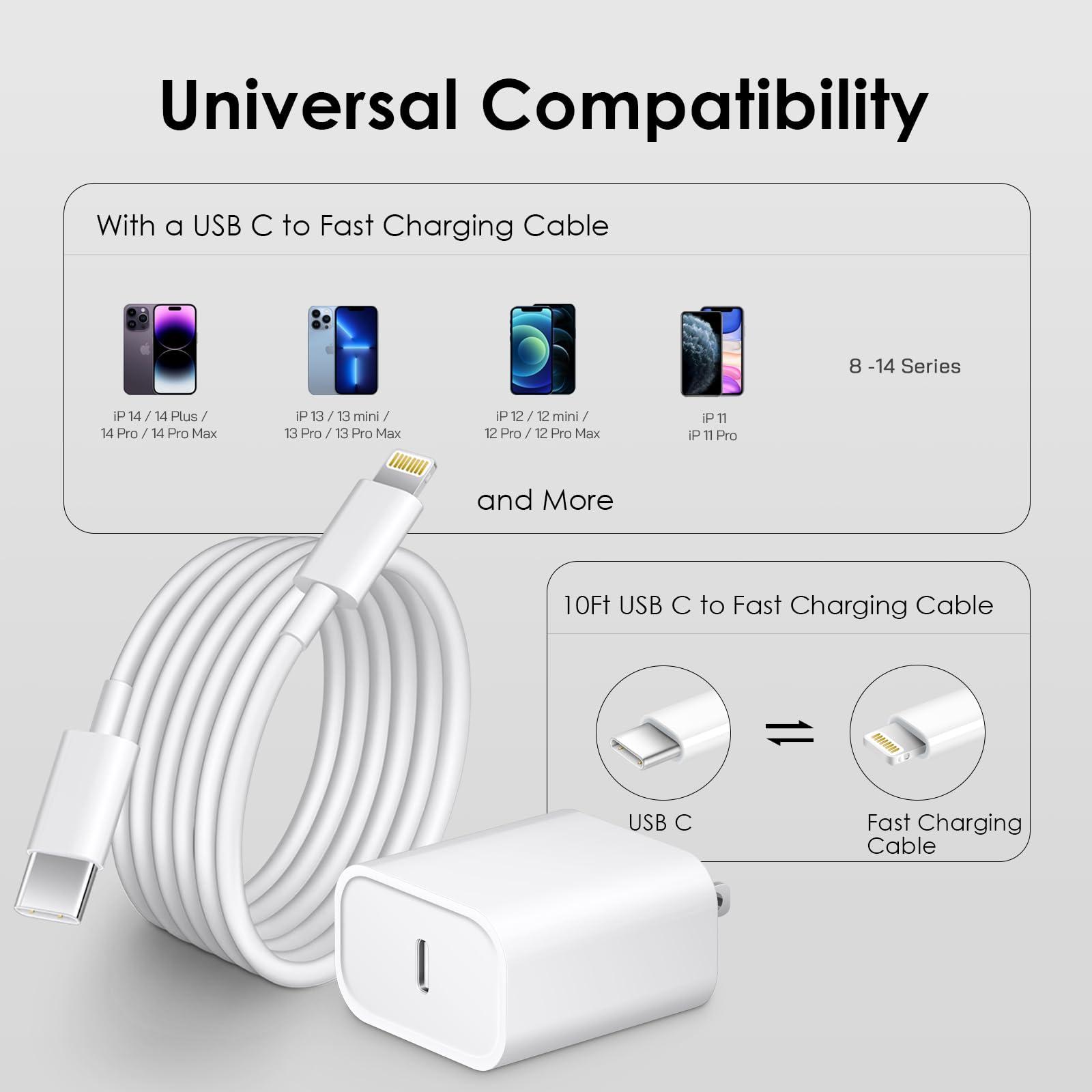 Phone 14 13 12 Fast Charger [MFi Certified] 10FT Type C Charger 2 Pack 20W USB C Charging Block with Fast Charging Cable for Phone 14/14 Pro/13/13Pro Max/12/12 Pro Max/11/XS/XR/X/8Plus - Image 7