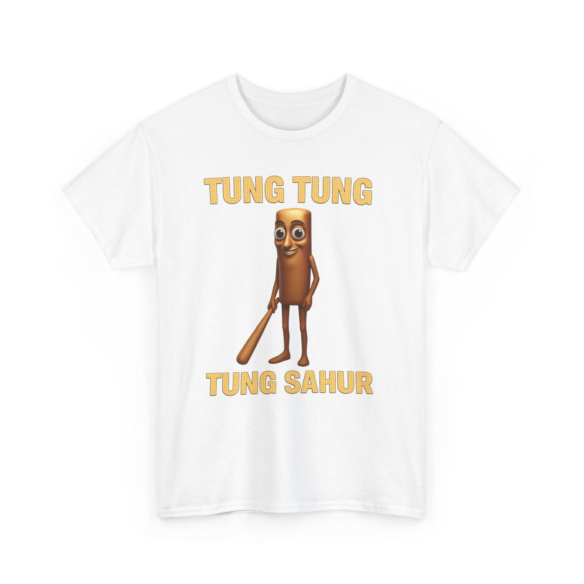 Tung Tung Tung Sahur Meme Shirt, Funny Ironic Viral T-Shirt, Unhinged Internet Humor Tee, John Pork, Tim Cheese, Cringe Core White