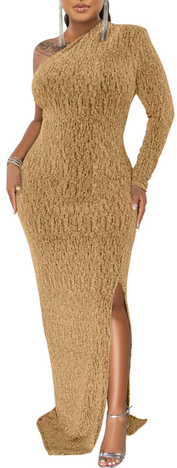 Women's Formal Evening Gowns Elegant Sparkly One Shoulder Maxi Dresses Sexy Long Sleeve High Split Party Long Dress - Image 3