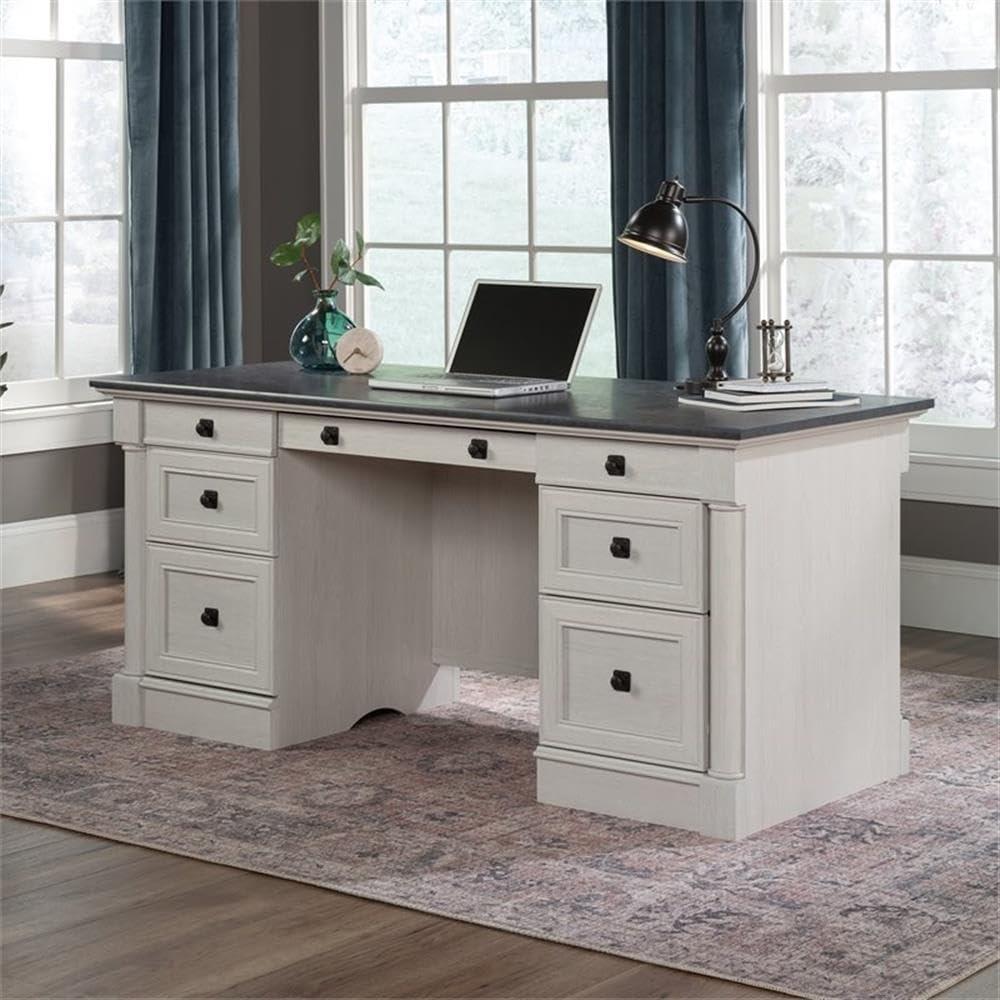Sauder Palladia Office Desk with Drawers, Executive Desk with File Cabinet Storage, Cable Management, Keyboard Tray, in Glacier Oak Finish - Image 2
