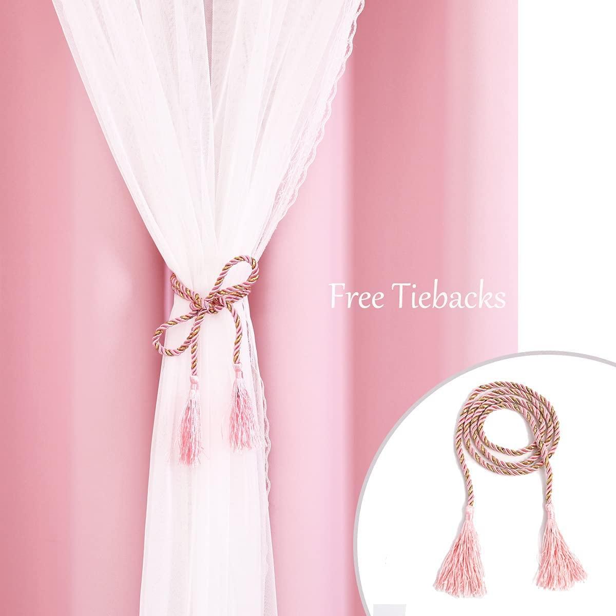 SOFJAGETQ Double Layered Blackout Pink Curtains 2 Panels - Princess Draperies for Girl's Bedroom Living Room Nursery Pink Lace Hem Room Darkening Curtains, 52x84 inches - Image 8