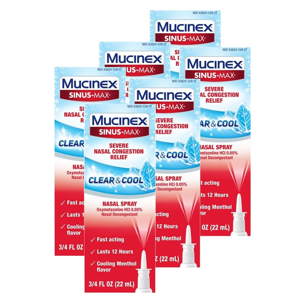 Mucinex Nasal Decongestant Spray, Sinus-Max Severe Nasal Congestion Relief Clear & Cool Nasal Spray, Lasts 12 Hours, Fast Acting, Cooling Menthol Flavor, Packaging May Vary, 0.75 Fl Oz (Pack of 6)
