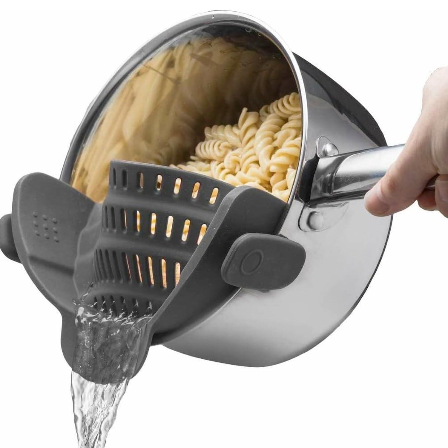 Snap N' Strain Clip-On Pasta Strainer by Kitchen Gizmo - Silicone Colander for Pots and Pans - Heat Resistant Kitchen Essential - Cooking Gadgets for Home - Compact Design - Grey