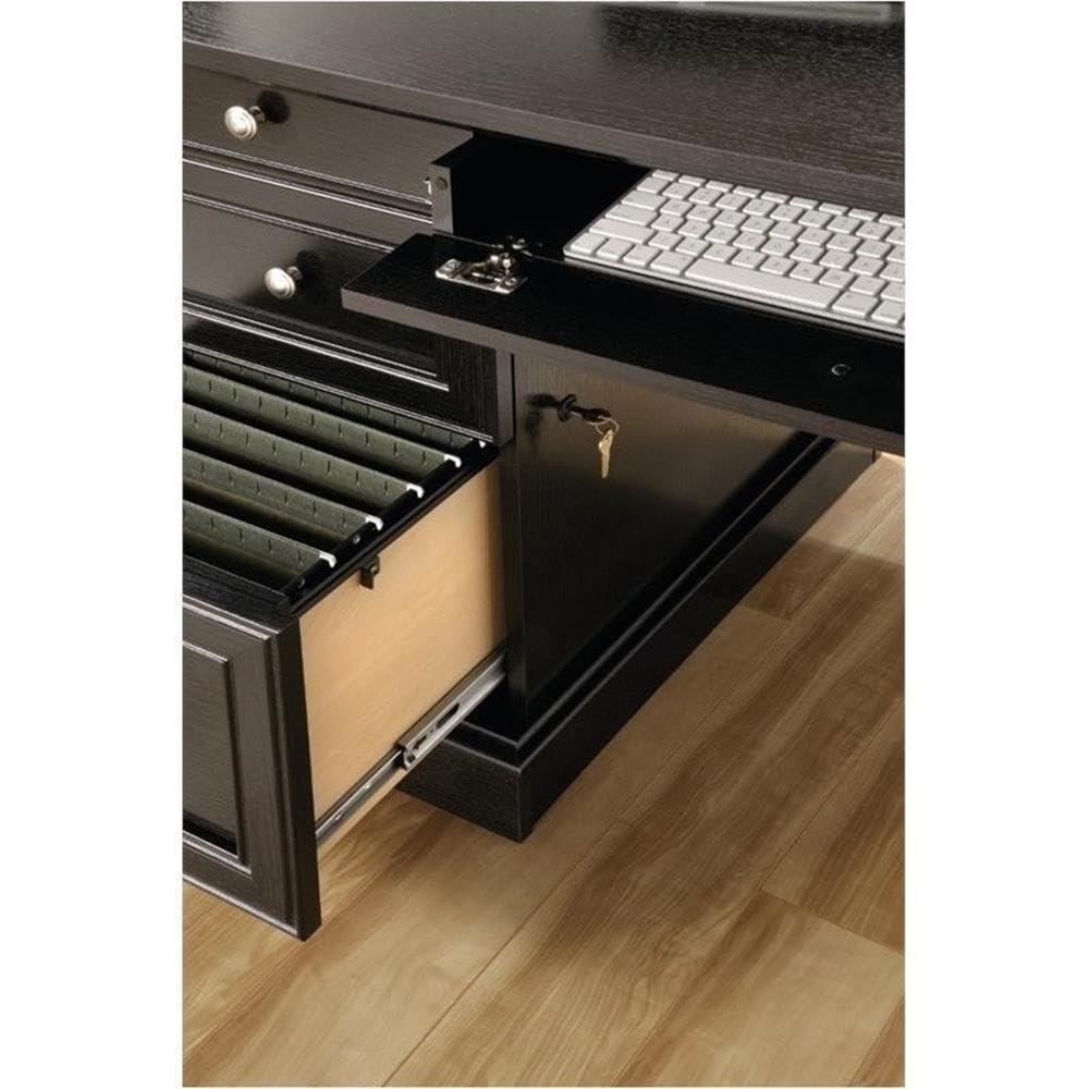 Pemberly Row Contemporary Engineered Wood L-Shaped Computer Desk with 3 Drawers, Flip-Down Panel, Grommet Holes, for Office Space, in Wind Oak Finish - Image 7