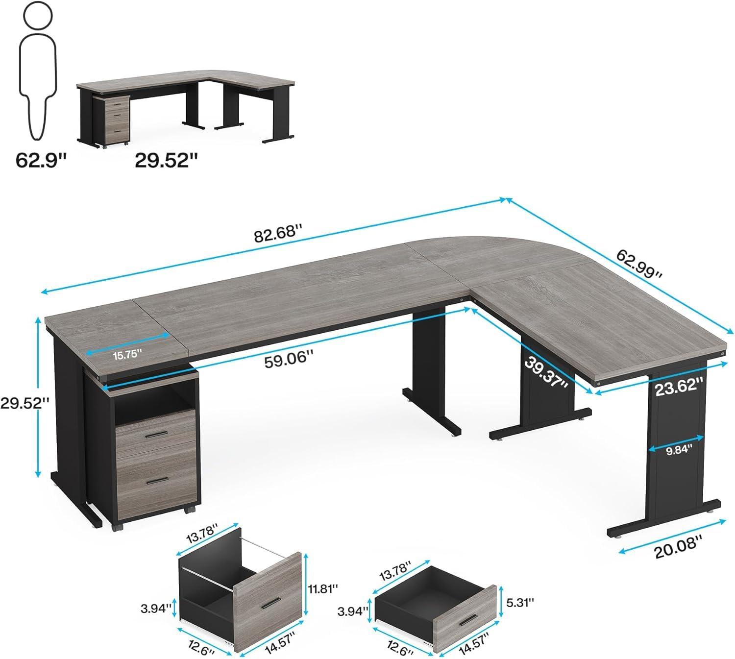 LITTLE TREE 82.67" Long Executive Desk with Drawers, Large L-Shaped Office Desk with Mobile File Cabinet, Farmhouse Computer Office Furniture Work Desk with Storage for Home Office, Gray - Image 3
