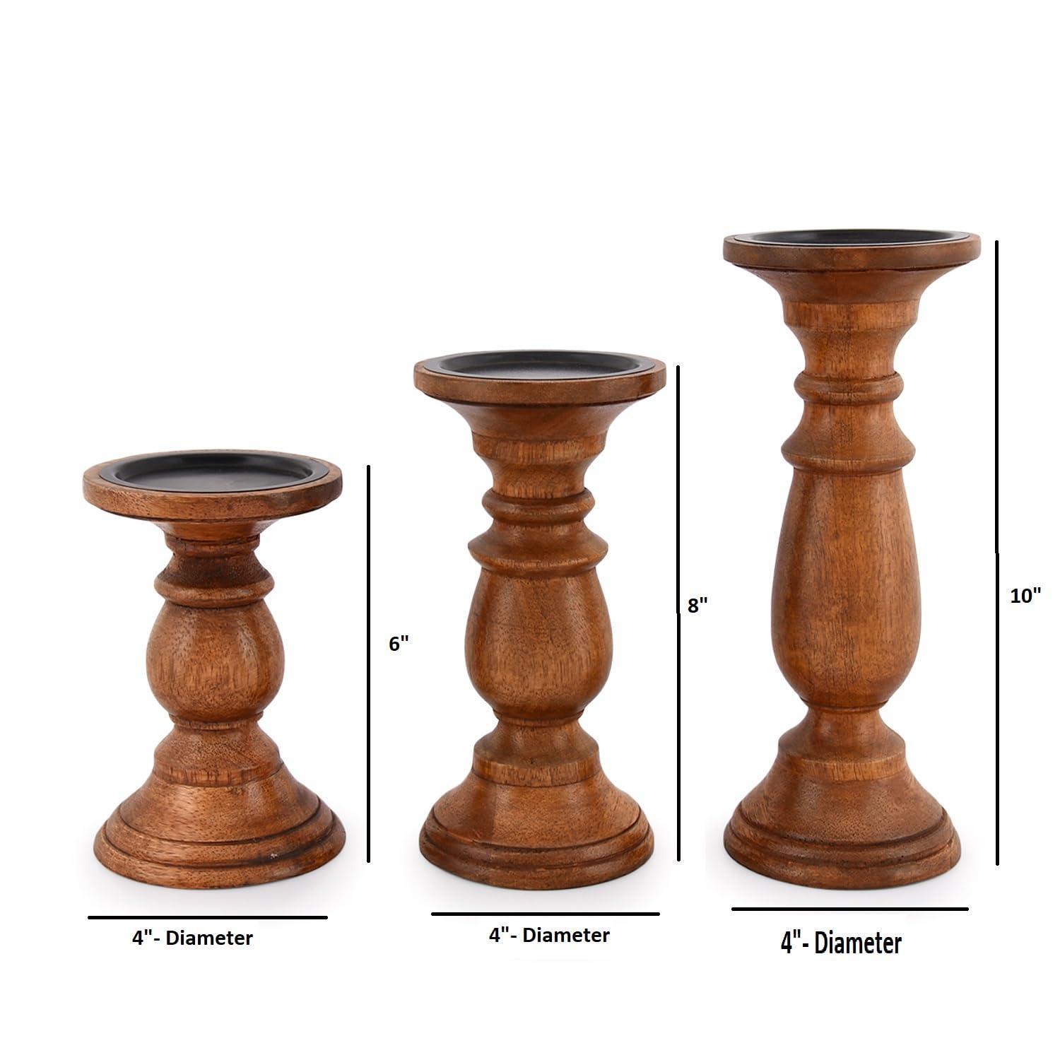 EDHAS Natural Round Turned Candle Holders for Pillar Candles Set of 3 Vintage Style Mango Wood Candle Holder for Centerpiece for Dining, Living Room - Image 3