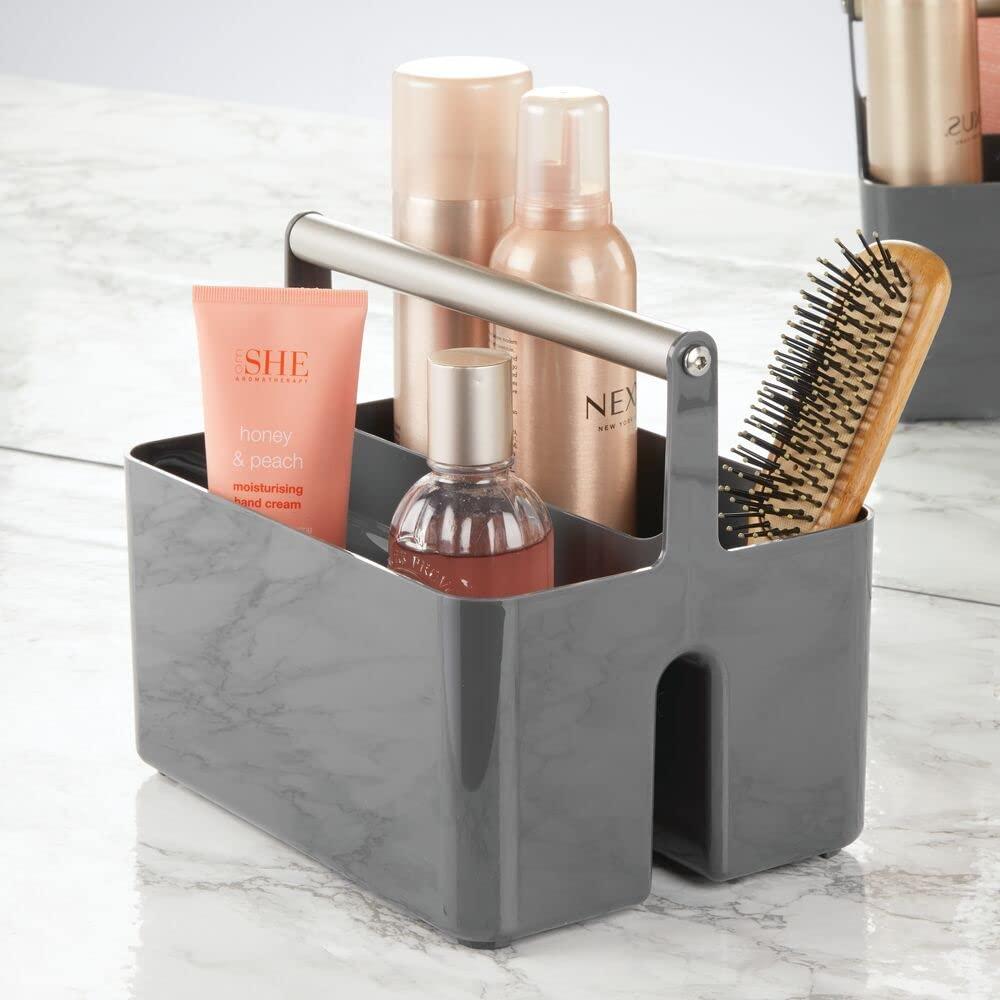 mDesign Plastic Shower Caddy Storage Organizer Utility Tote, Divided Basket Bin - Metal Handle for Bathroom, Dorm, Kitchen, Holds Soap, Shampoo, Conditioner - Aura Collection - Dark Gray/Matte Satin - Image 2