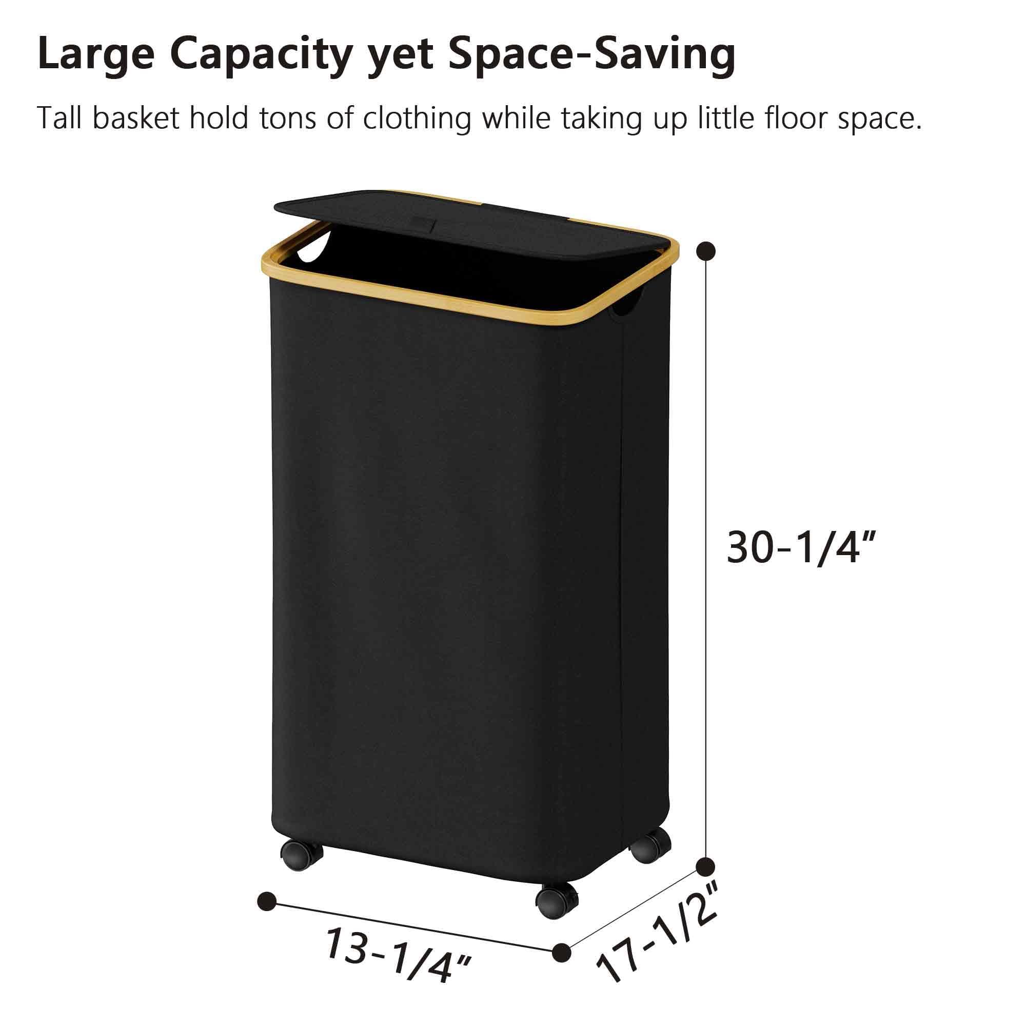 SUOCO Laundry Hamper on Wheels 100L, Clothes Basket with Lid and Bamboo Handles, Foldable Laundry Hamper for Bedroom, Bathroom, Dorm, Laundry Room - Black - Image 3