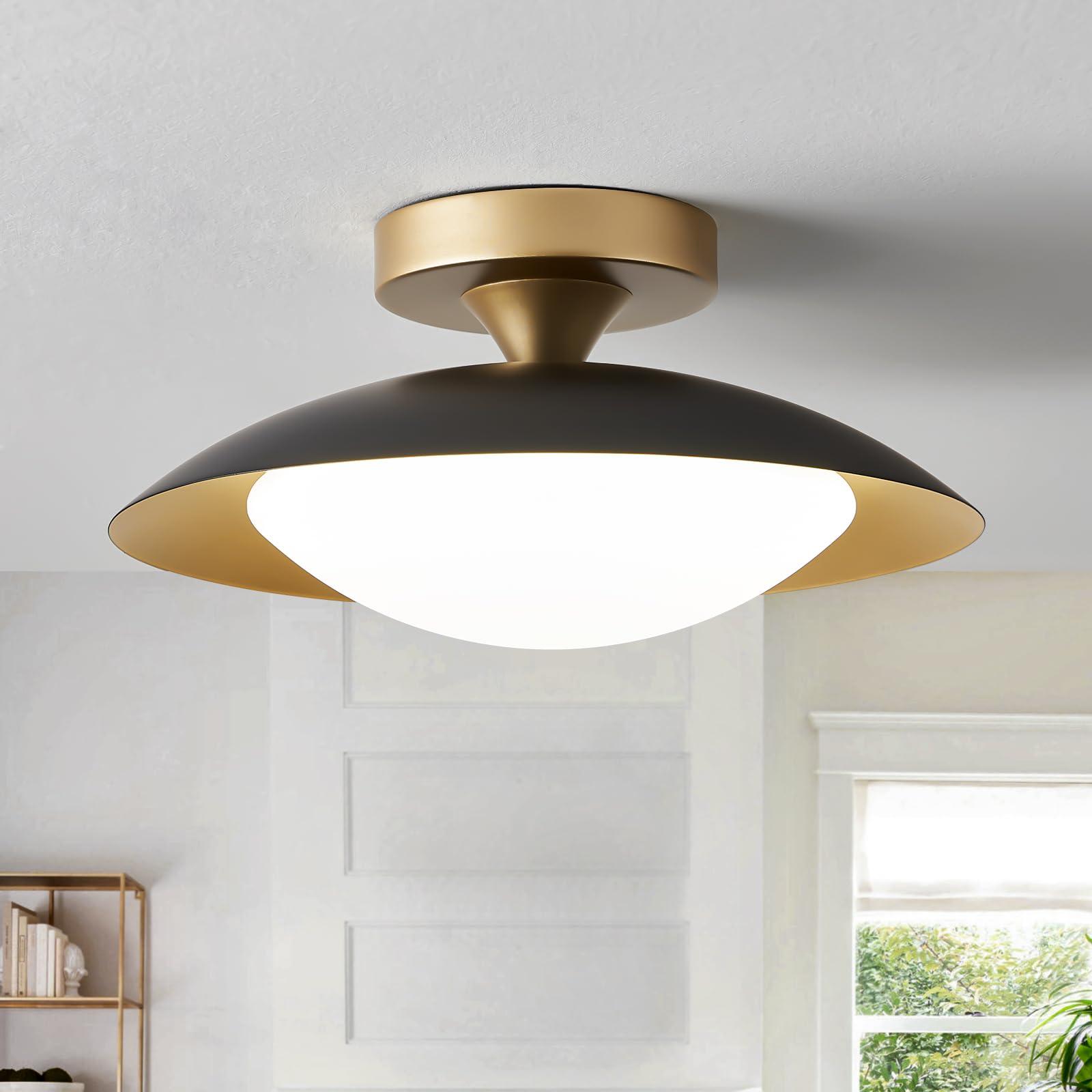 Dimmable Modern Mid-Century Ceiling Light, Black and Gold LED Semi Flush Mount Ceiling Light, 5CCT 2700K-6000K Lighting Fixture Ceiling Lamp with Acrylic Shade for Bedroom Hallway Kitchen, 11.8in